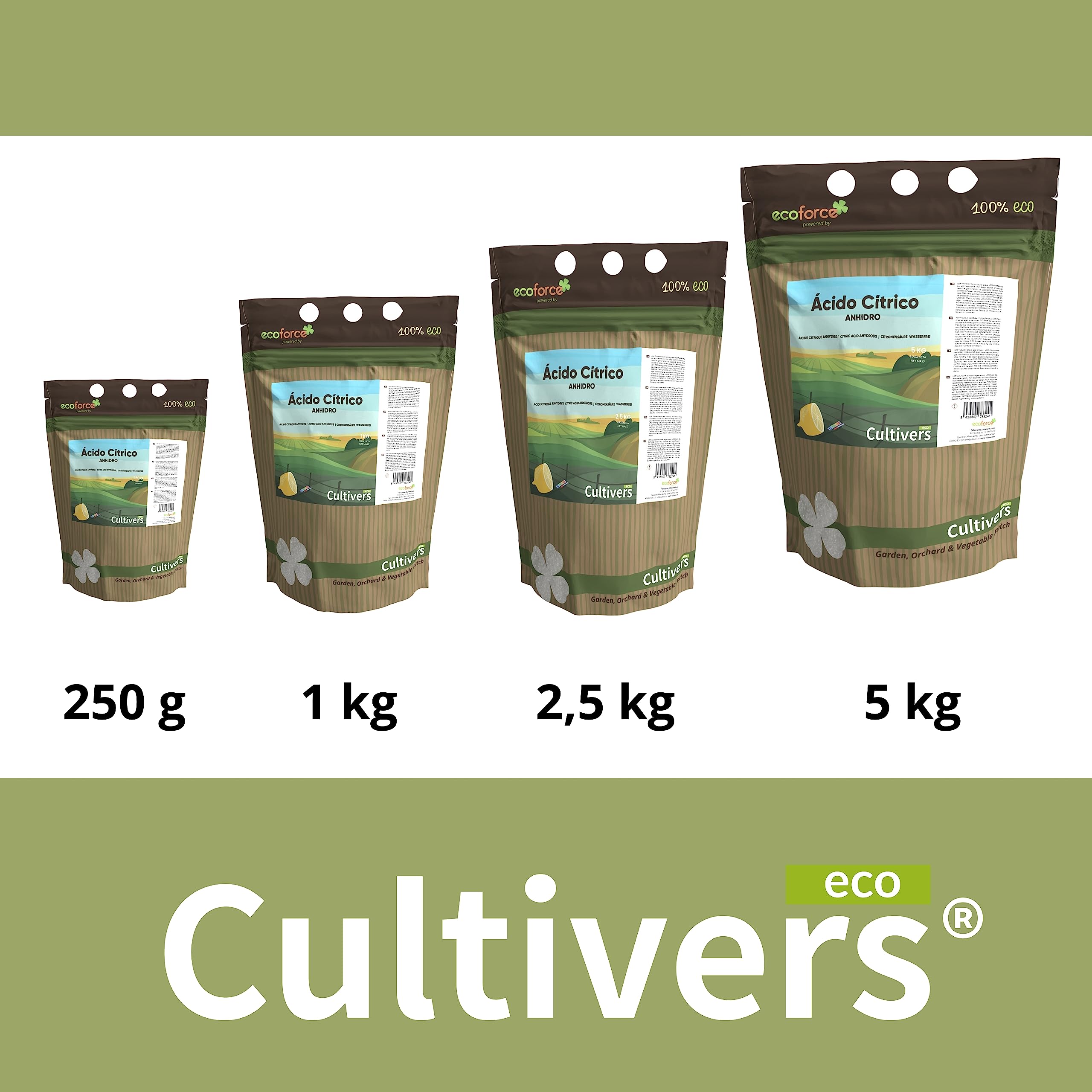 CULTIVERS Ácido Cítrico Anhidro 100% Puro 2,5 Kg | Limpiador Multiusos Ecológico | Corrector de pH para Agricultura y Riego | Ideal para Cocina, Baño y Jardín