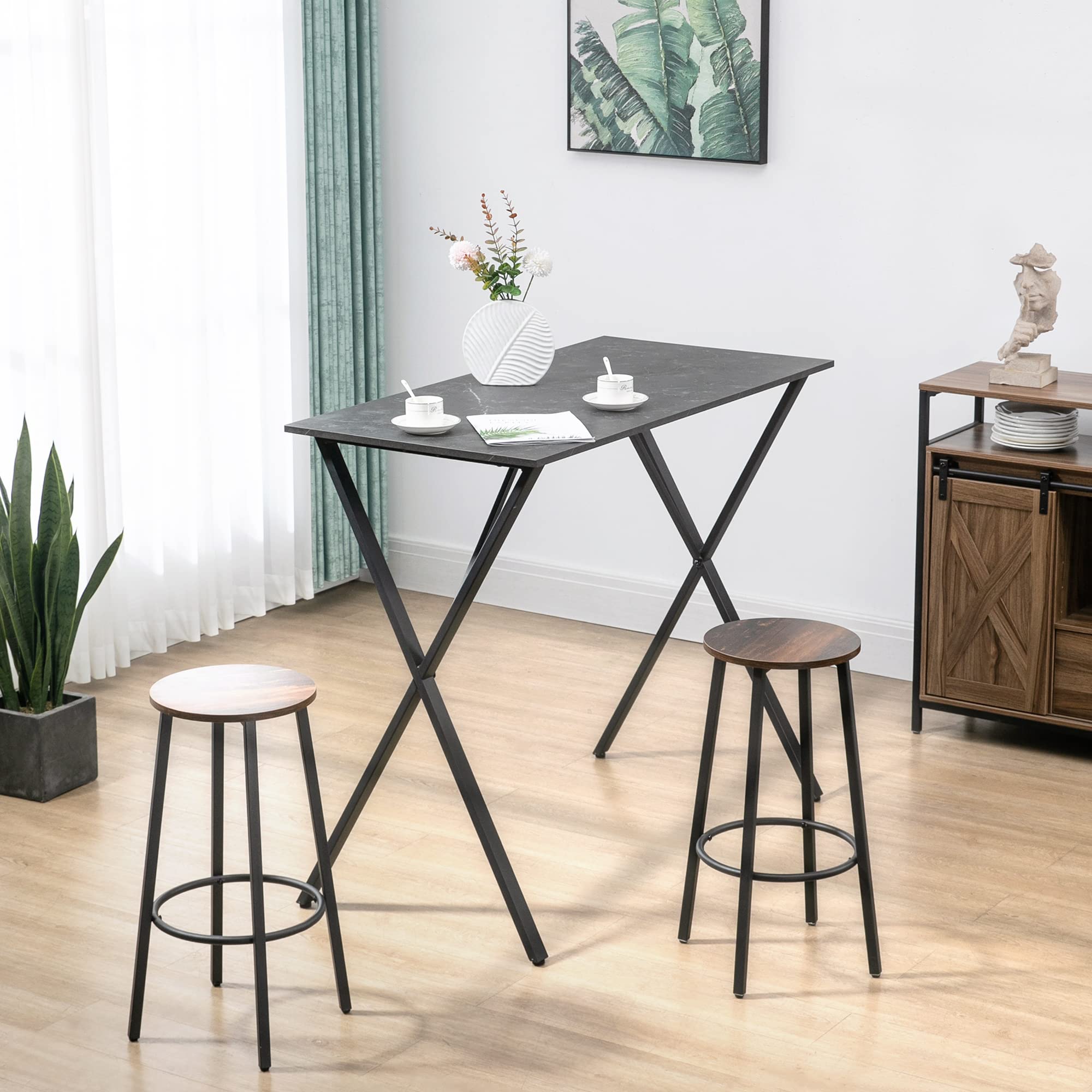 HOMCOM Mostrador de Bar Moderno de Estilo Industrial, Mesa Alta de Cocina Efecto Mármol en Madera y Acero, 120 x 60 x 102 cm, Negro