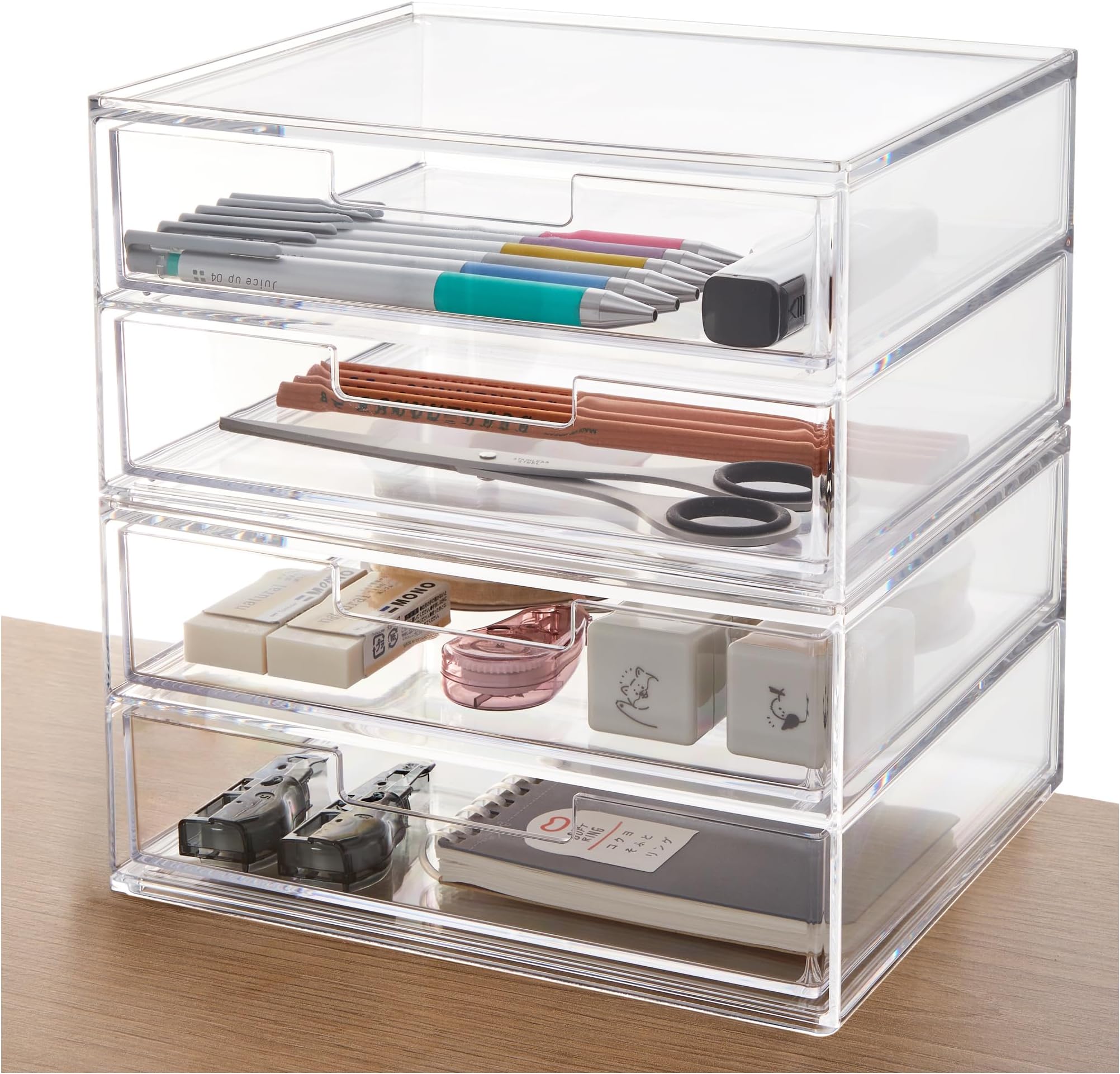 STORi Stackable Desk Drawer Organizer, Clear Pen Pencil Makeup Brush Holder for Desktops and Vanities, 4 Wide Drawers (Made in USA)