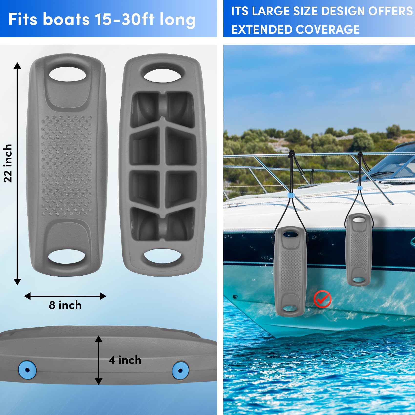 VEITHI Upgraded Extended 8 x 22 inch Boat Fenders EVA Boat Bumpers Fenders,Boat Bumpers for Docking Ideal for Fishing Boat, Pontoon, Bass,Dock,PWC,Jet Ski, Grey 2 Pack