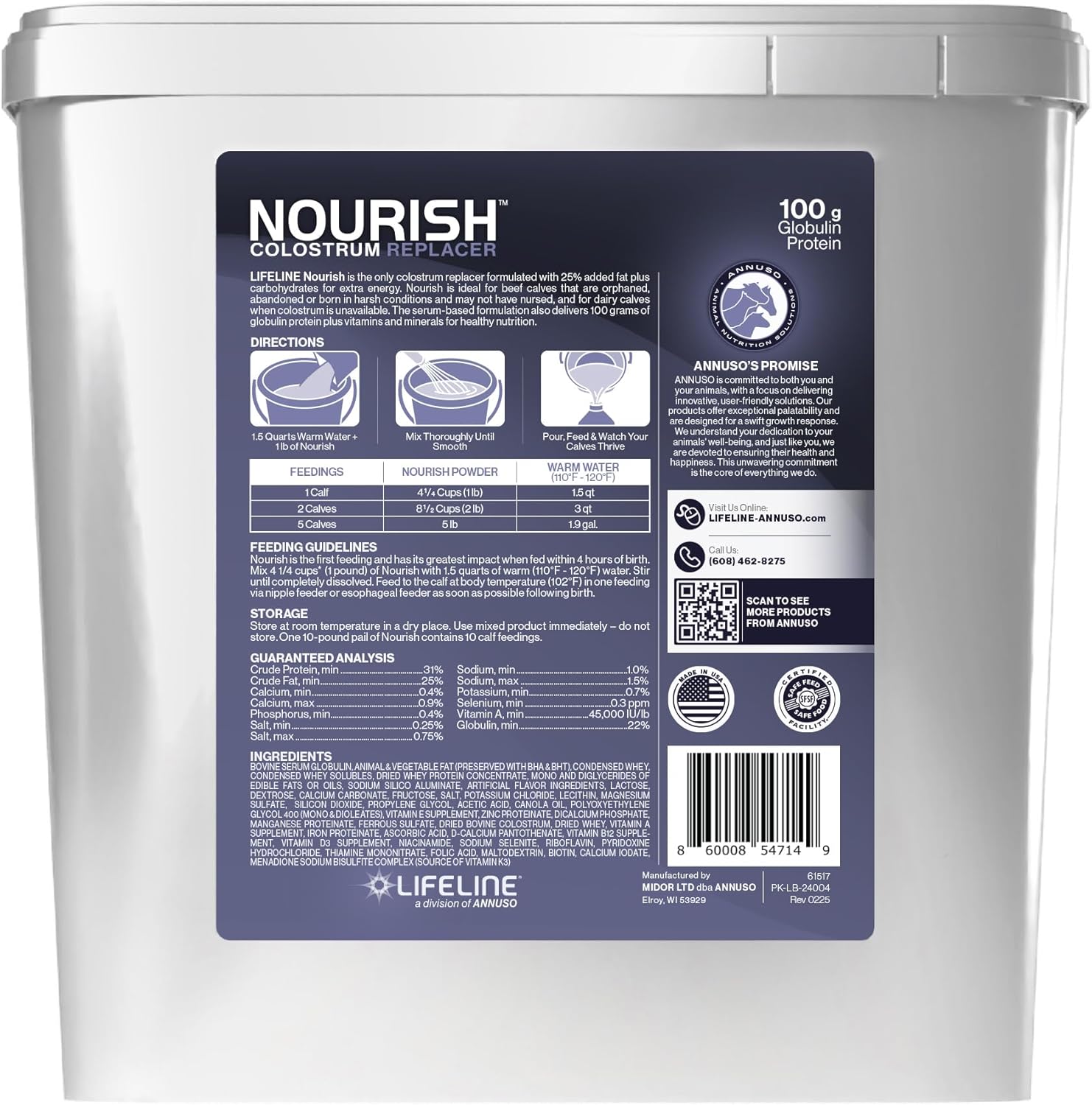 ANNUSO LIFELINE Nourish Complete Colostrum Replacer for Calves, 10lb Pail - 100g Globulin Protein - 25% Added Fat & Carbohydrates, Full Nutrition for Newborn Calves - Easy-Mix 1 Feeding Formula