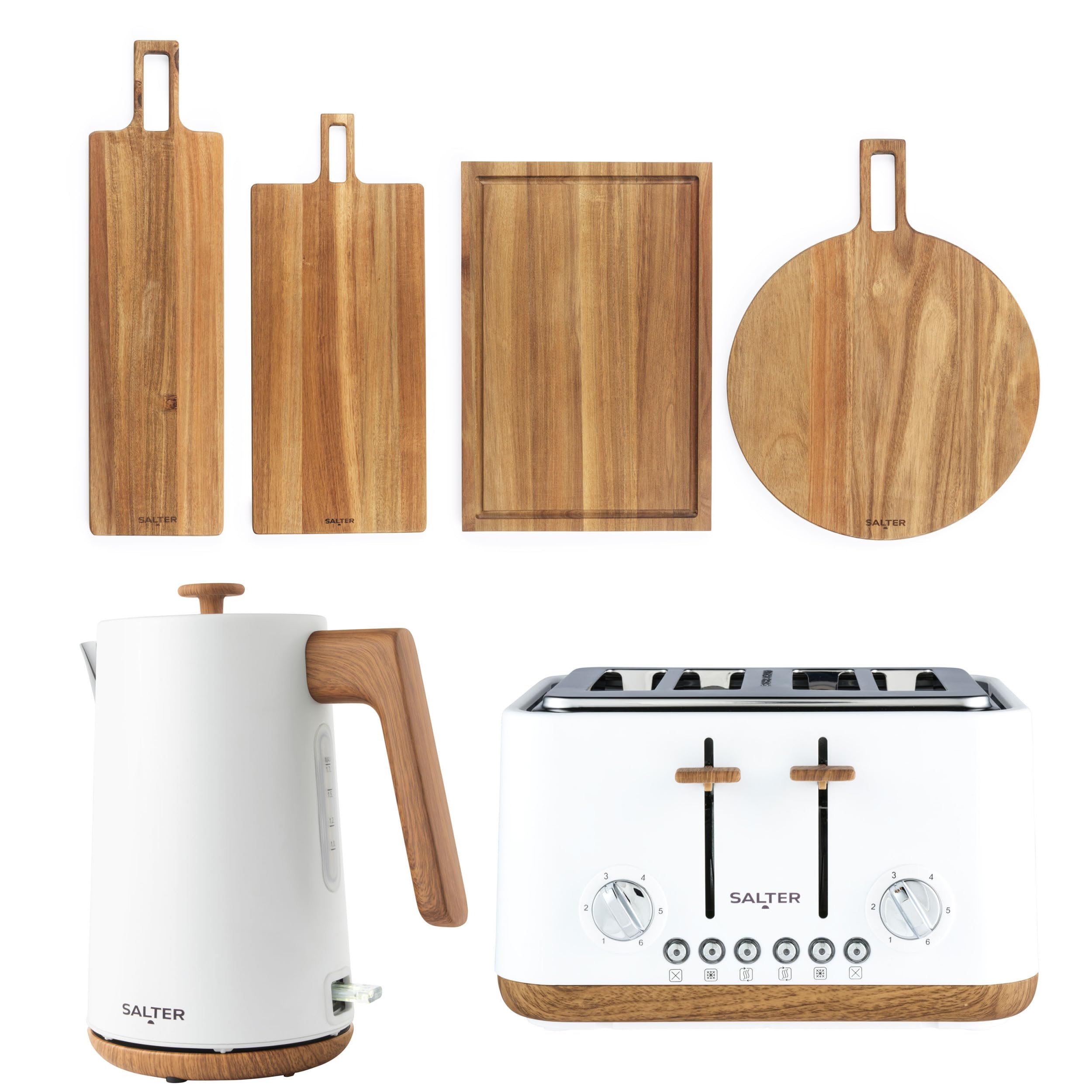 Salter Toronto Kettle, Toaster & Serving Board Set – Kitchen Countertop, 55cm & 60cm Serving Board, Chopping & Pizza Boards, FSC®- Certified Acacia Wood, Wide Slot Toaster, 3kW Rapid Boil, White — image 1