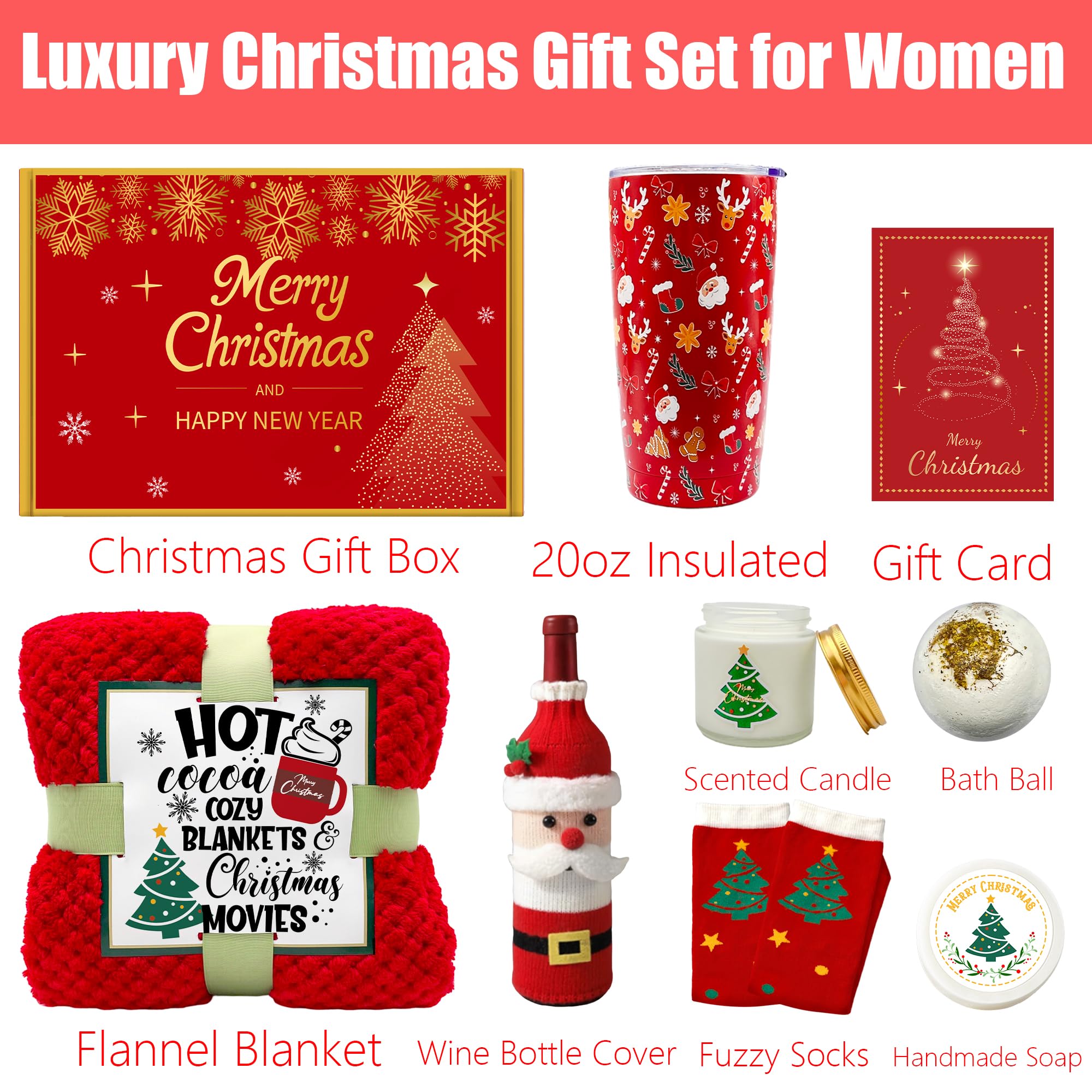Christmas Gifts for Women, Xmas Gift Set for Women, Her, Mom, Wife, Girlfriend, Sister, Coworkers Boss, Teacher, Nurse, Neighbor, Merry Xmas Gifts Basket Set Unique Tumbler&Blanket Gift Ideas Basket