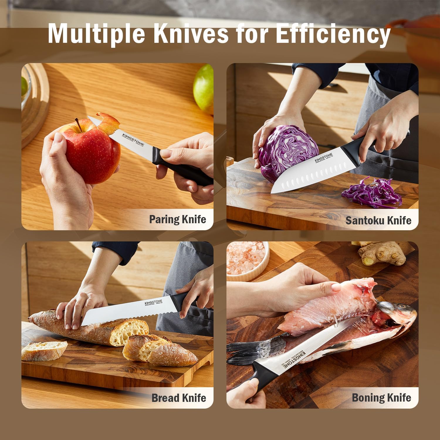 KINGSTONE 14-Piece Kitchen Knife Set with Block, High-Carbon Stainless Steel Knives Set, Ergonomic Non-Slip Handle, Professional Knife Set for Kitchen for Home Cooking & Gifting, Walnut - Image 6