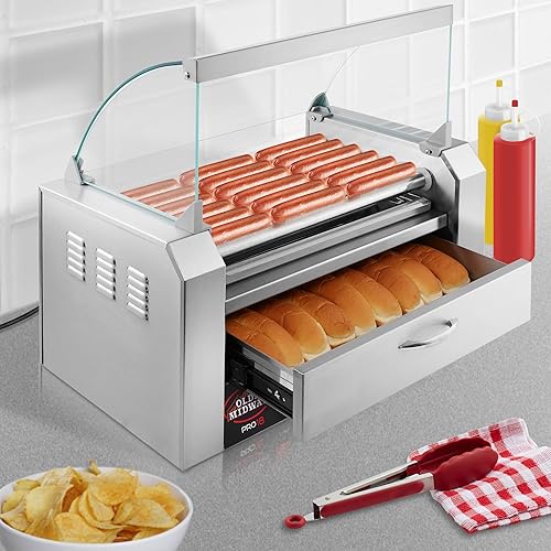 Miniatura 7 de Olde Midway Máquina eléctrica de 18 Hot Dog con 7 rodillos para parrilla con cajón de calentamiento y tapa, grado comercial, acero inoxidable