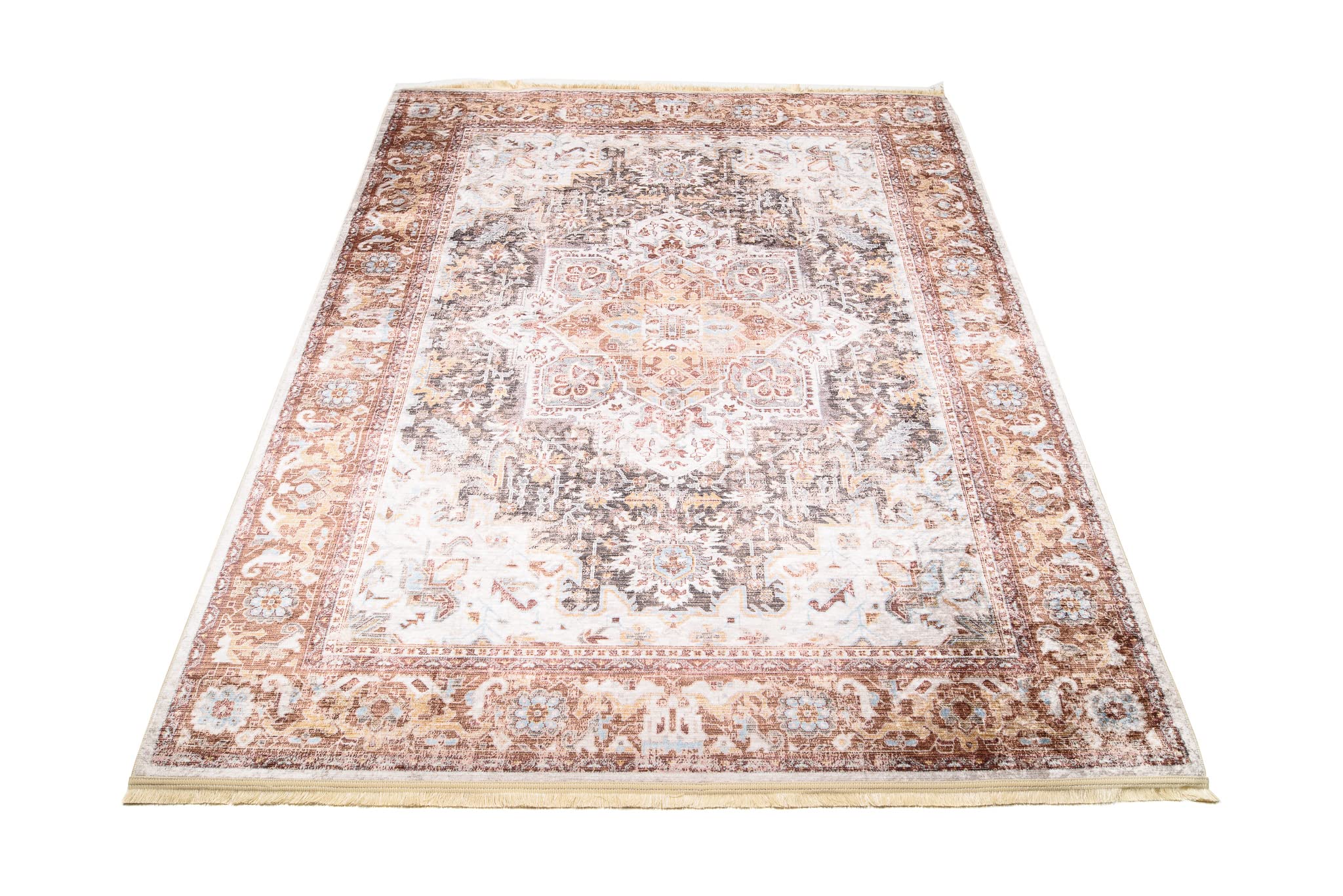 TAPISO Victoria Dywan z nadrukiem, antypoślizgowy, szary, kremowy, ornamenty, bordiura, tradycyjne frędzle, do salonu, sypialni, Öko-Tex, 160 x 230 cm