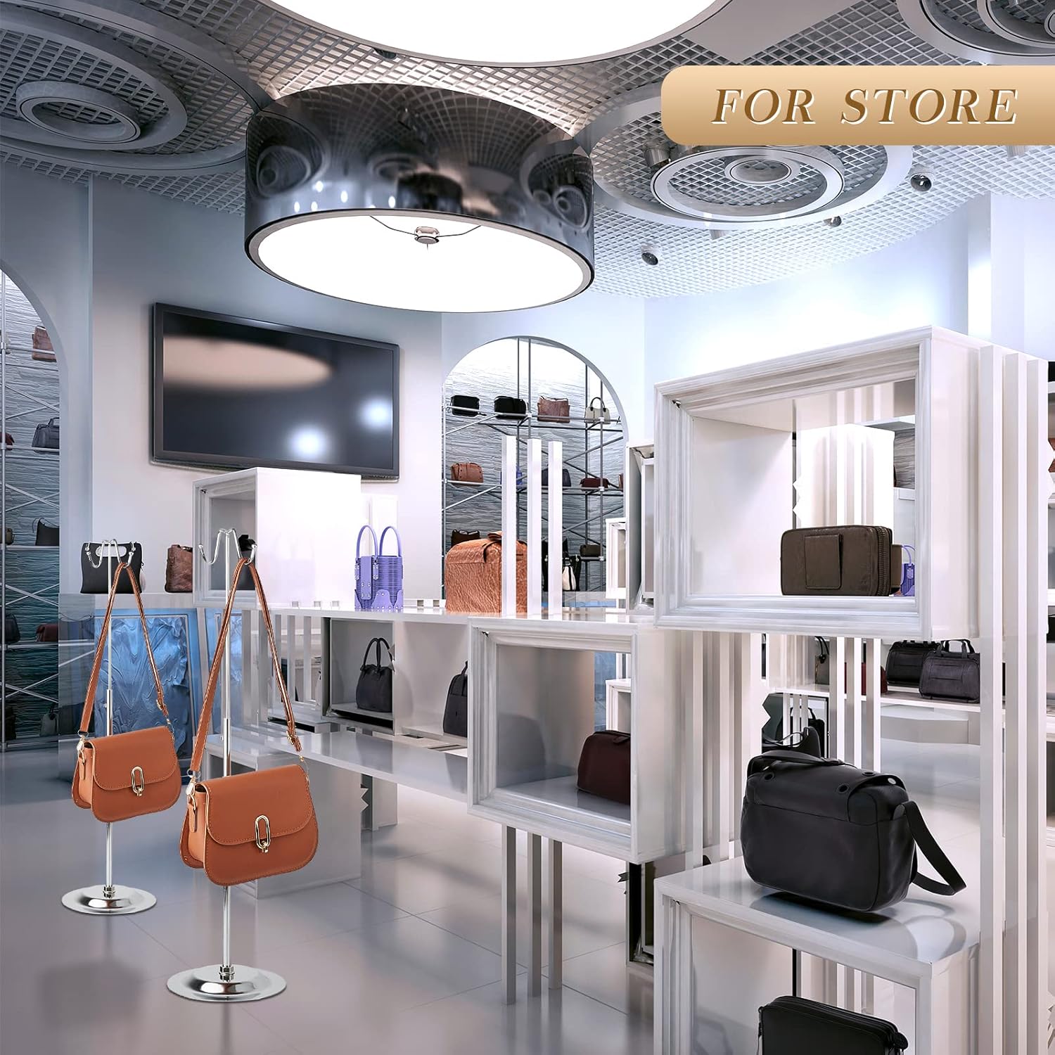 Lounsweer 2 Pcs Purse Handbag Display Stand Double Hook Stainless Steel Metal Purse Holder Rack Stand Table Hanging Display for Women Handbags Wig Hats - Image 7