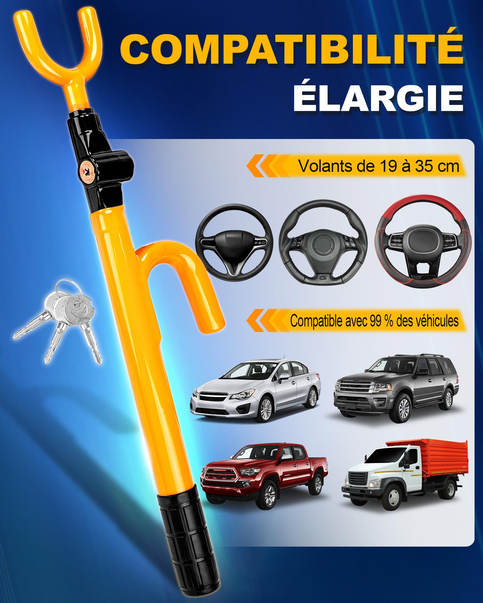 Tevlaphee Bloque-Volant, Serrure de Sécurité Auto, Dispositif Anti-Vol Robuste, Haute Visibilité, Adaptation Universelle pour Voitures, SUV & Vans, Réglable, Noyau en Acier Massif, 3 Clés(Jaune)
