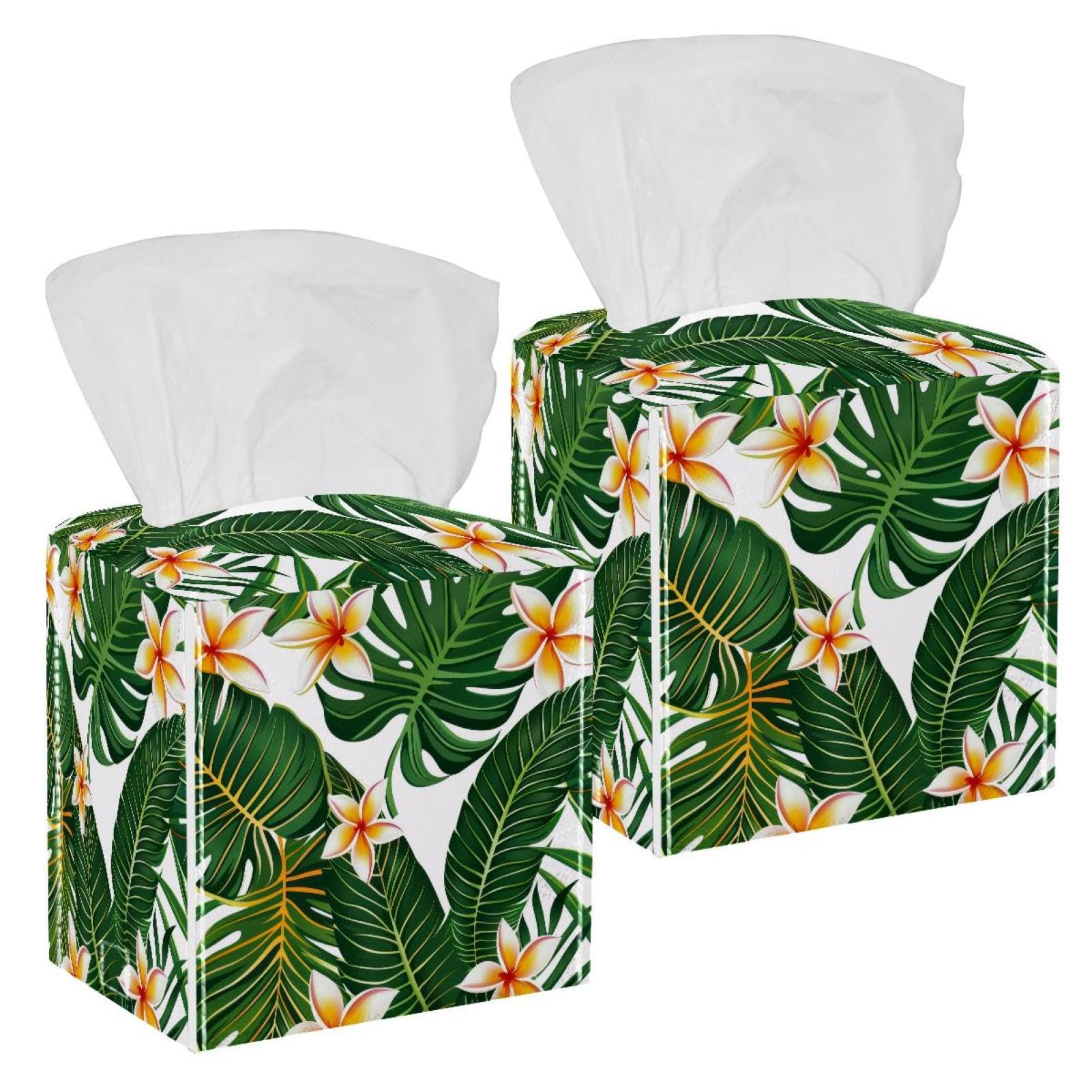 Tropical Palm Tissue Box Cover, 2 Pack PU Leather Square Facial Tissue Dispenser Box holder for Home Office Car