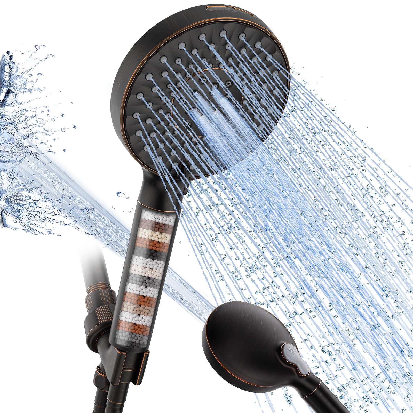 SR SUN RISE Filtered Shower Head with Handheld High Pressure 9 Spray Mode Showerhead Detachable Shower Head Water Softener Filters Beads for Hard Water Remove Chlorine 1 Filter Black Brown