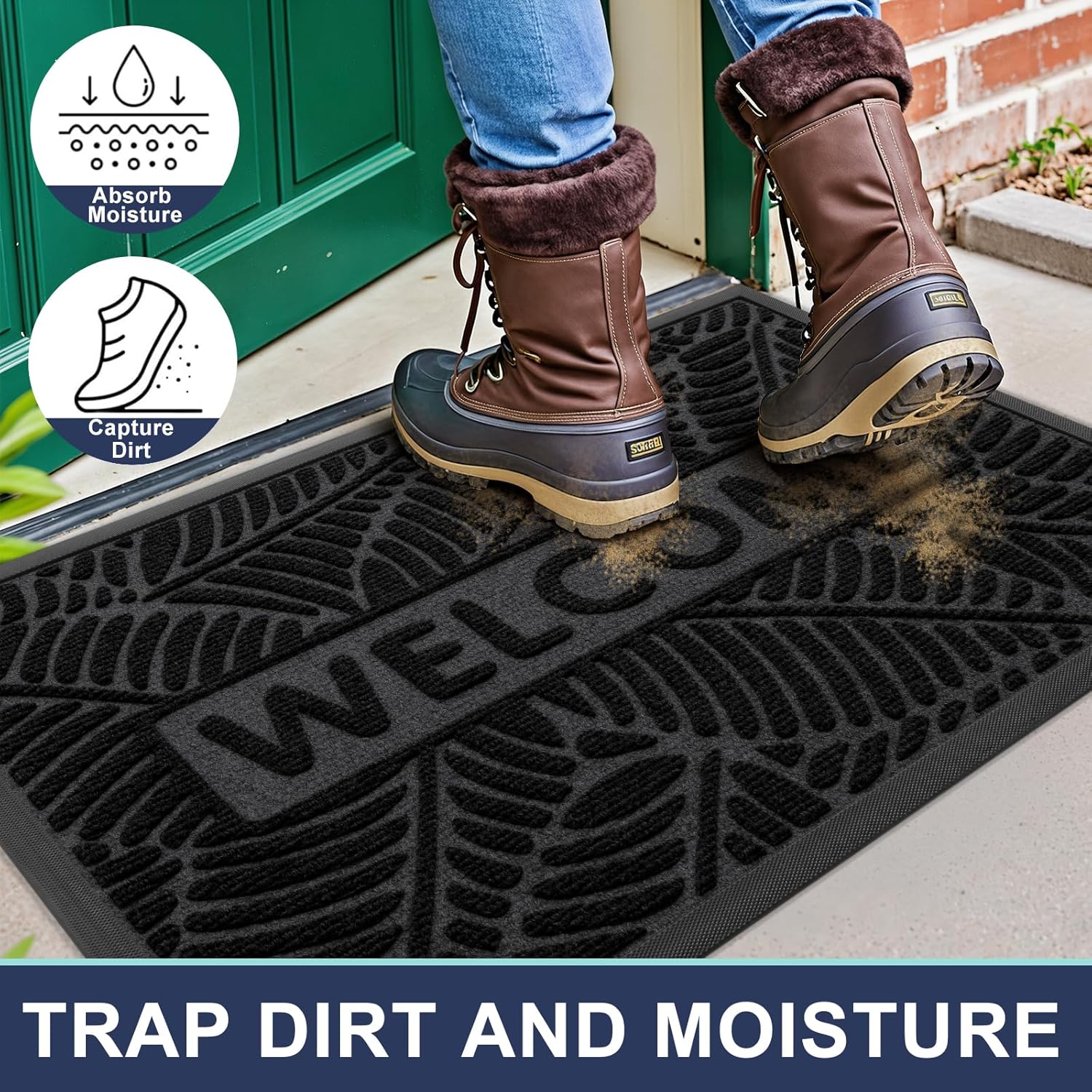 Smiry Welcome Mat Indoor Outdoor, All-Season Waterproof Front Door Mat, Sturdy Natural Rubber Doormat, Non-Slip, Easy Clean, Low Profile Dirt Trapper for Porch Patio Entrance, 35x23, Black
