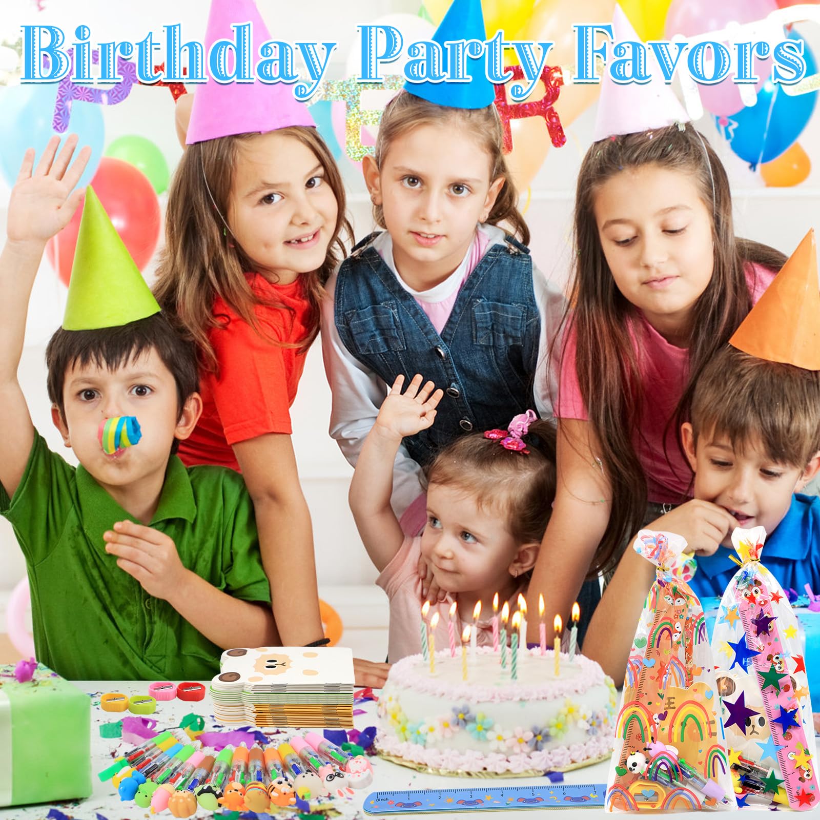 Scettar Confezione da 24 sacchetti di cancelleria per feste di compleanno, con penna multicolore, mini quaderni con gomme da cancellare, per aula di compleanno, regali di ritorno