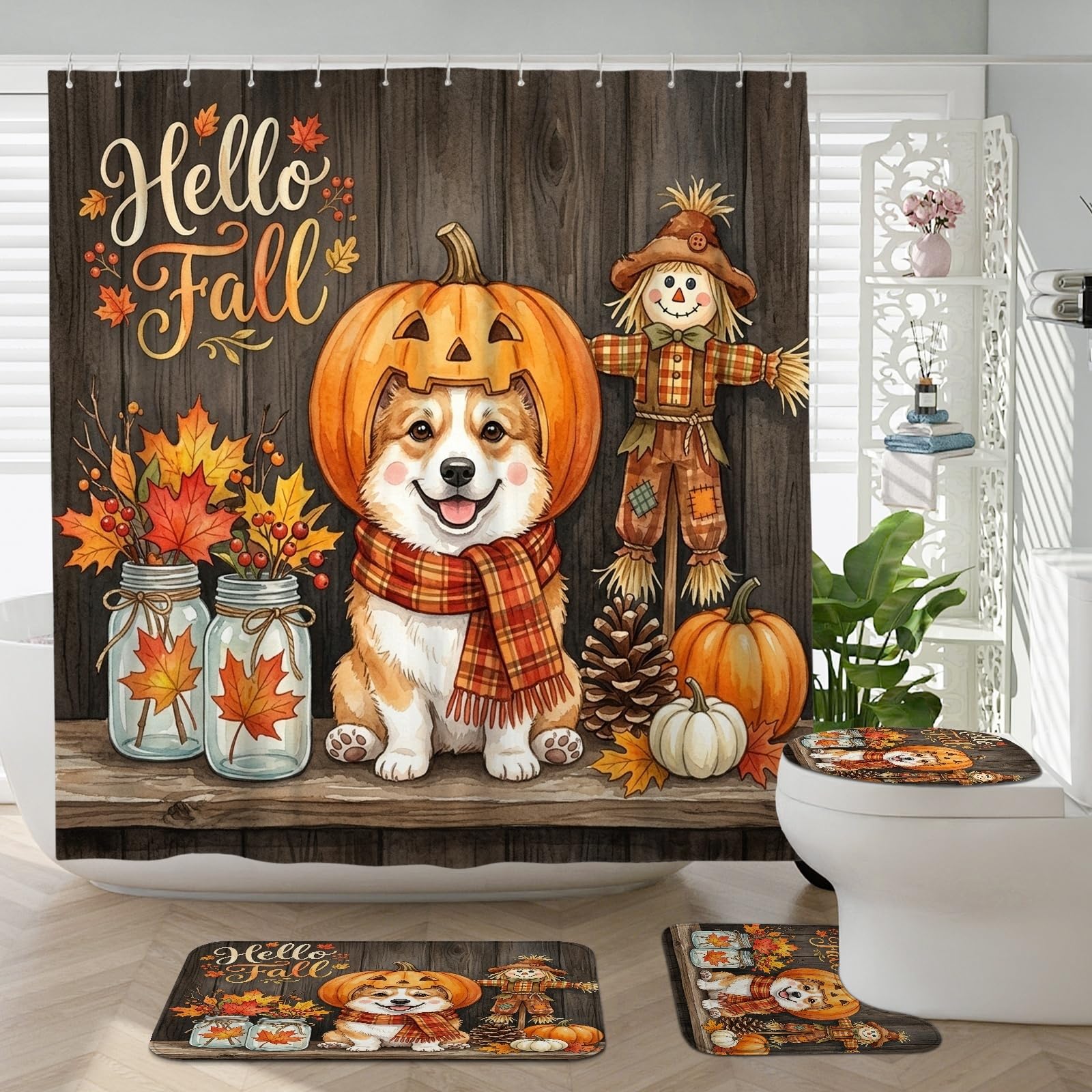Décoration de salle de bain en bois mignon Corgi avec tapis de douche en U