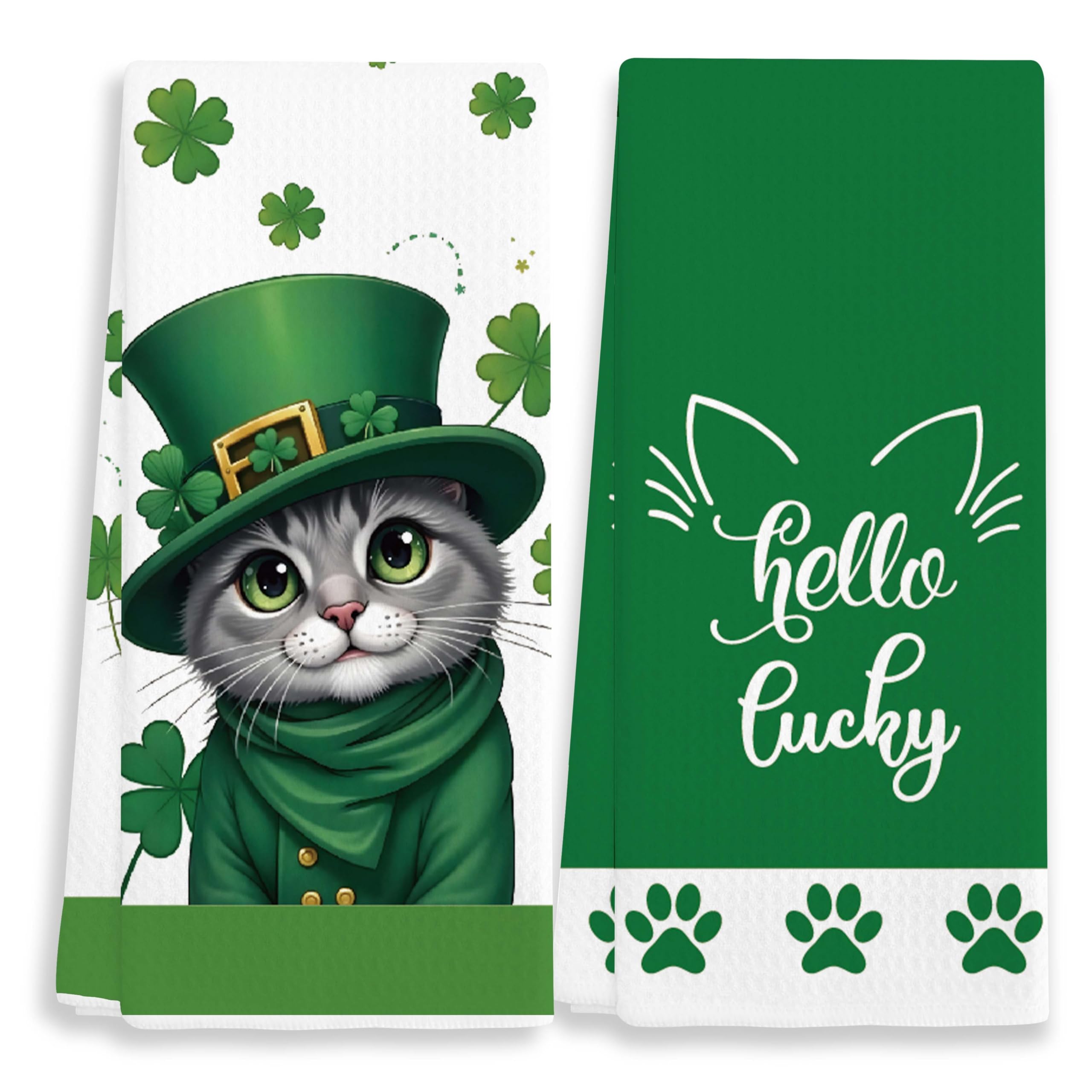 EJGFS ‘Hello Lucky’ Shamrocks & Cat Decorative Towels for Kitchen, Set of 2, 16x24 Hand Towels for Bathroom, Favors for St. Patrick’s Day, Gifts for Family, Friends, Colleagues, etc.(061)