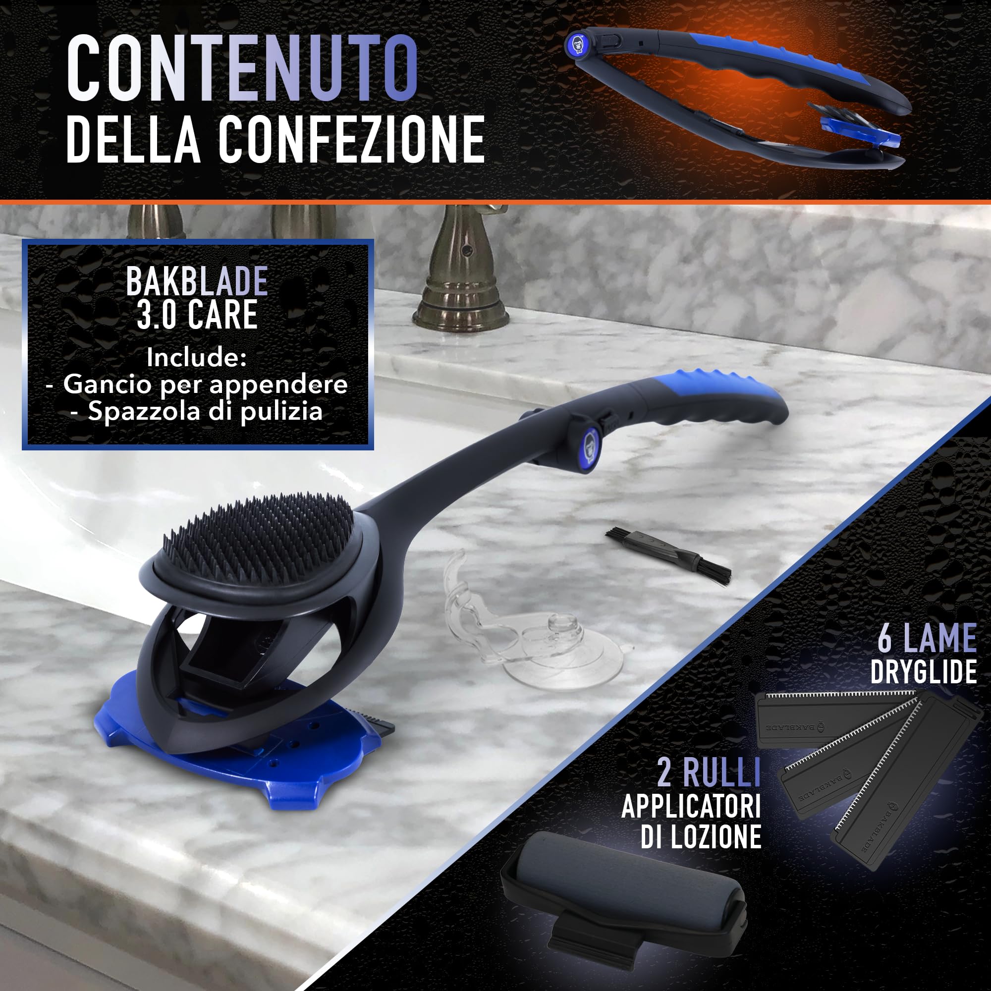 BakBlade 3.0 Stealth Back Shaver Kit completo per la cura della schiena – Manico da 23" – Include applicatore per lozione e 3 ricariche di lame extra – Rasatura indolore per uomini