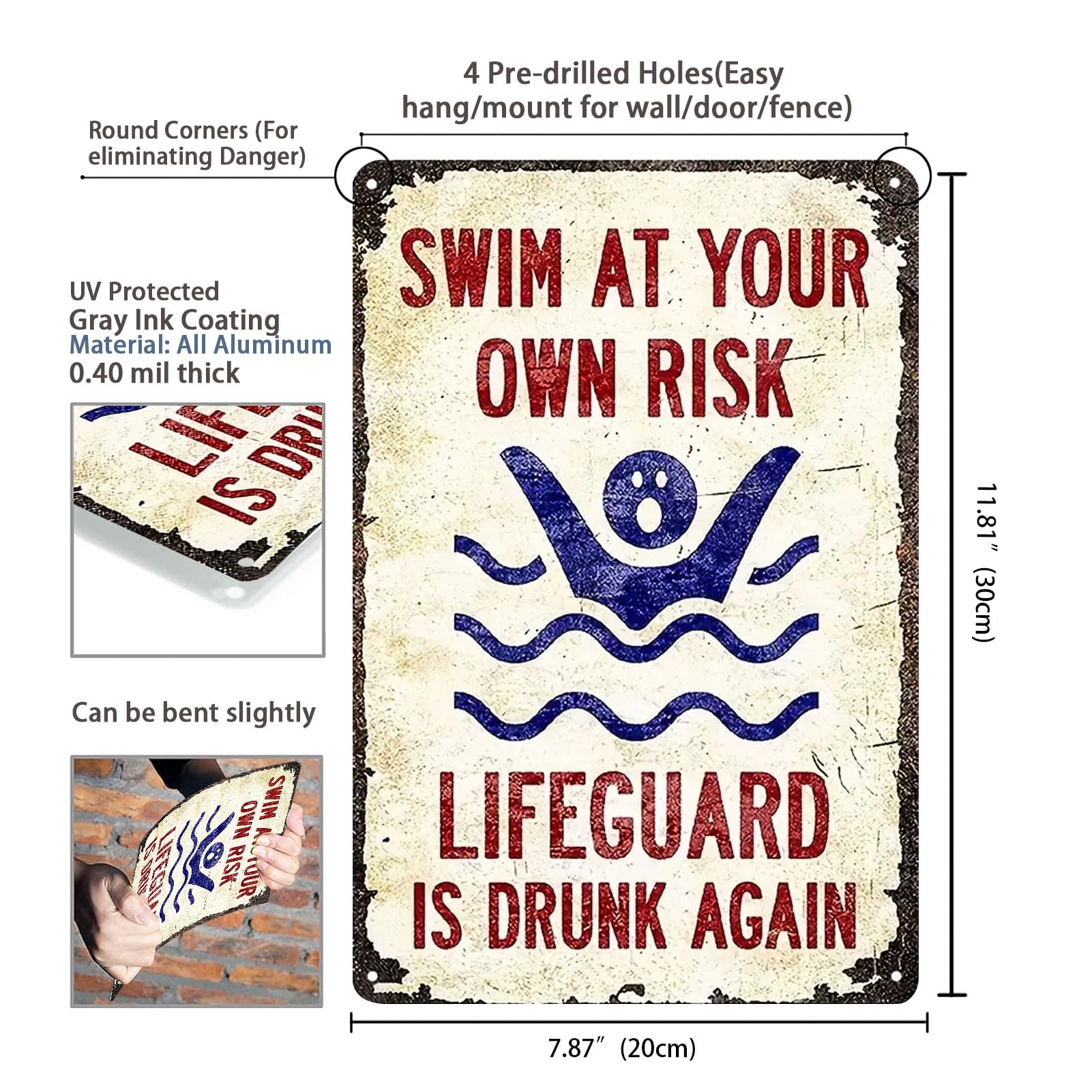2466 Plaque en métal avec inscription « Swim at your own risk » - 30,5 x 20,3 cm (2466)