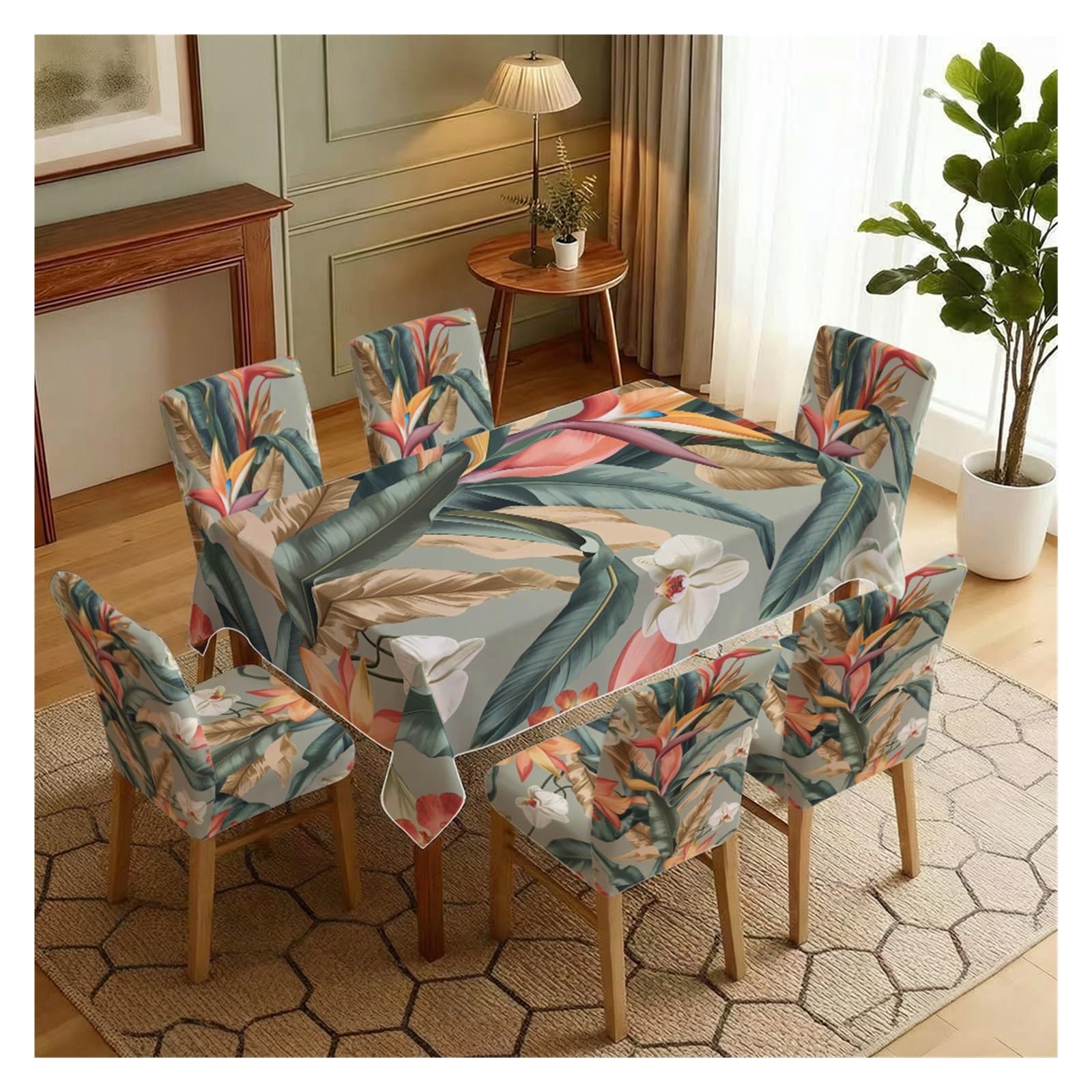 BOSUYBN Tropical Bird Of Paradise Leaf Printed Dining Tablecloth & Chair Covers Set, 5/7 Piece Exotic Modern Jungle Home Decor Table Setting(7pcs Set: Tablecloth+Chair Covers)