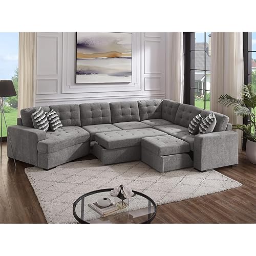 THSUPER 149'' Oversized Large Sectional Sleeper Sofa Couch with Cuddler and Pull Out Bed, 7-Seater L-Shaped Sectionals Couches with Chaise Lounge for Living Room (Grey Chenille)