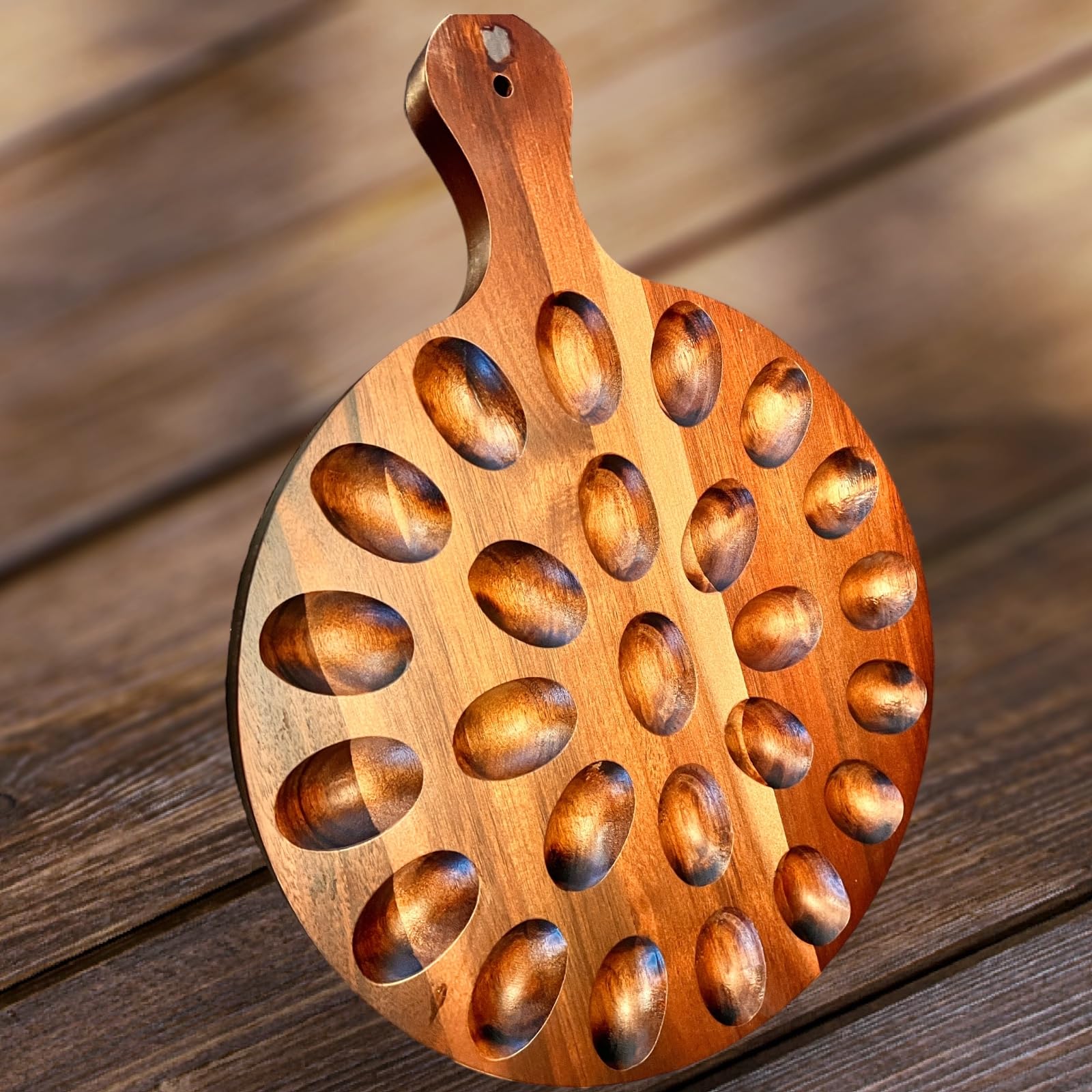 Acacia Charcuturie Wooden Deviled Egg Carrier: 24 Hole Round Reversible Pizza Server & Chopping Board for Kitchen & Countertops