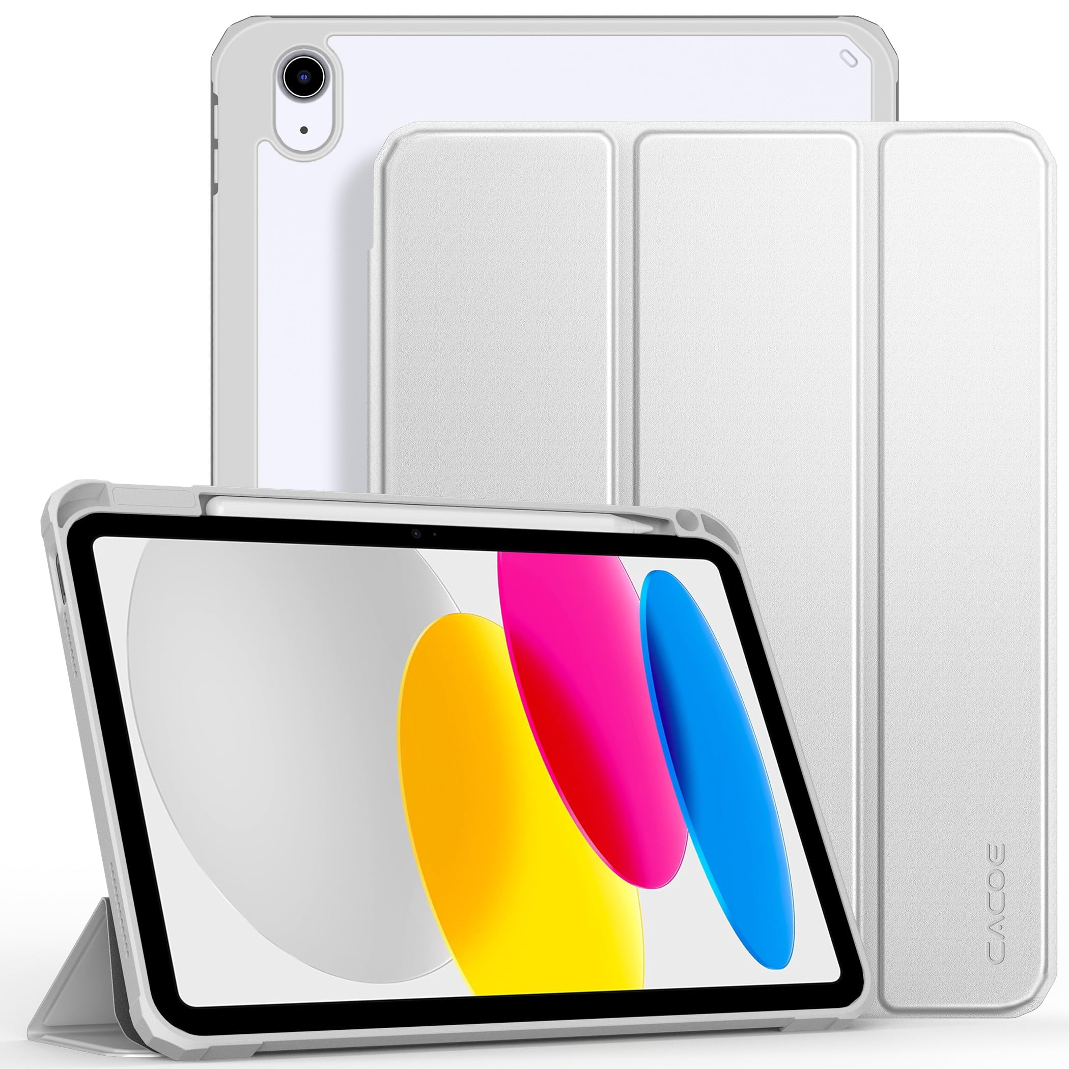 CACOE Custodia Cover Compatibile con iPad 10 generazione 2022, Ultra Sottile Retro Trasparente Cover con Portapenne, Argento