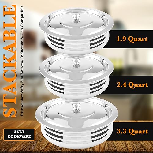 Miniatura 5 de CRAFTONE Olla de cocina de inducción resistente de acero inoxidable para cocinar y servir a mano con tapa, juego de 3 piezas, parte superior de