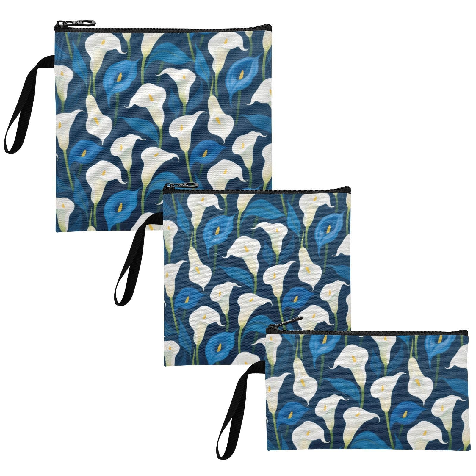 White and Blue Calla Lilies 3 pack Reusable Snack Bags and Sandwich Bags Portable Diaper Bag Organization for Camp Friends and Gear