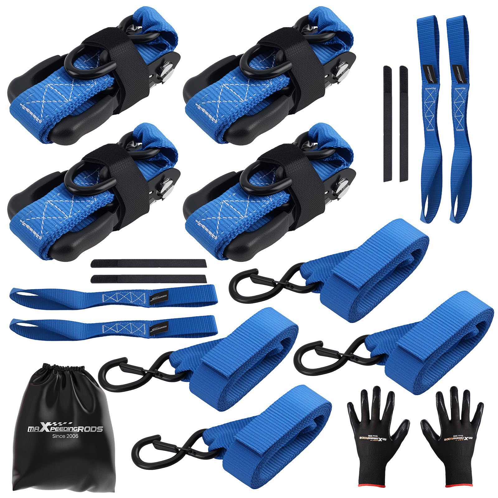 maXpeedingrods Spanngurte Ratschen Zurrgurte Set 4-teilig 2362kg | mit Soft Loops & S-Haken, 2.4m x 4cm inkl. Tasche& Handschuhe – für Motorrad, ATV, Auto, LKW, Transport - Blau