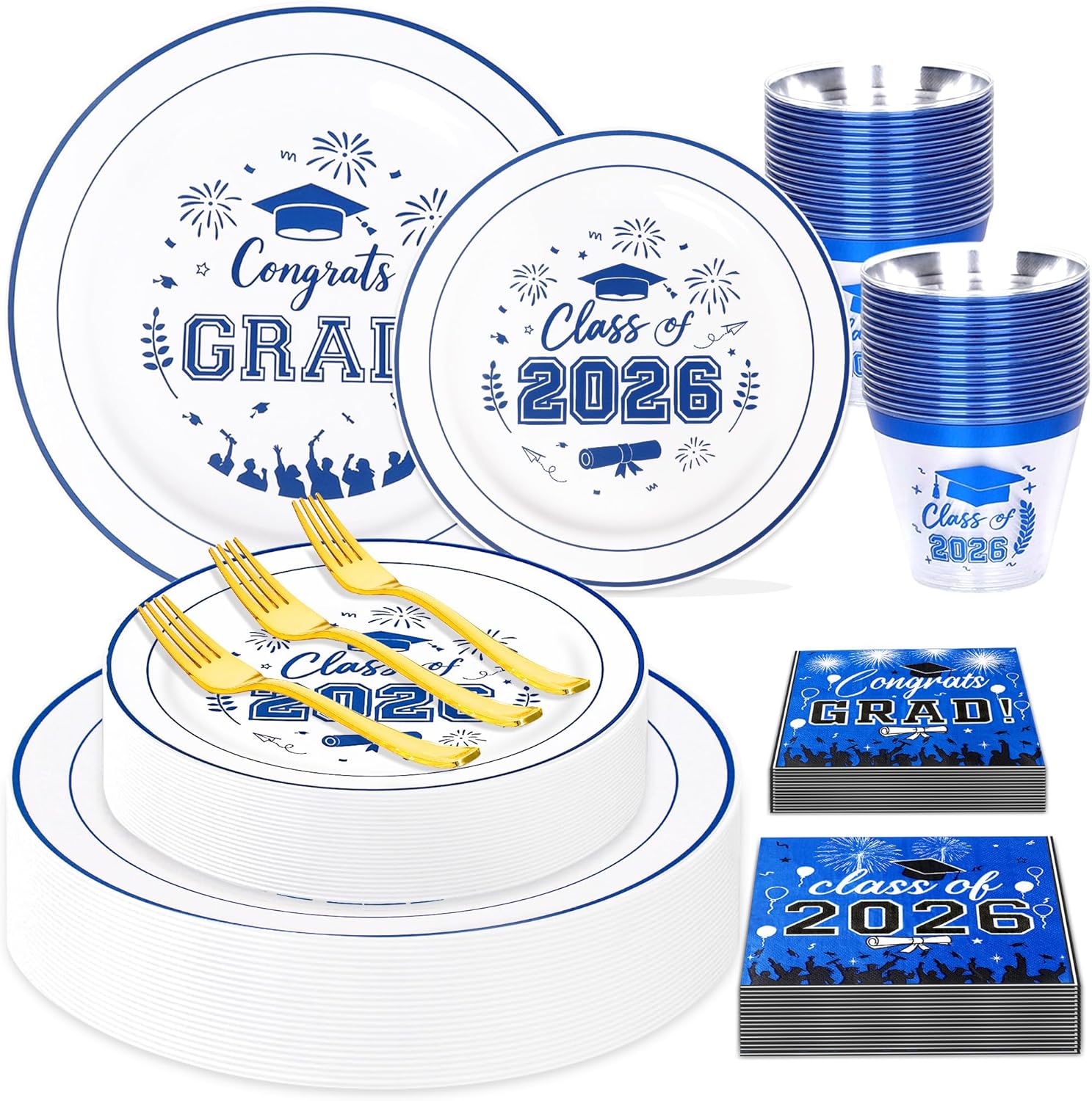 150 Pcs 2026 Graduation Plastic Plates with Disposable Silverware Serves 30 Guests, Blue Clear Graduation Disposable Plates Including 30 Dinner&Dessert Plates, Cups, Napkins, Gold Forks for Party