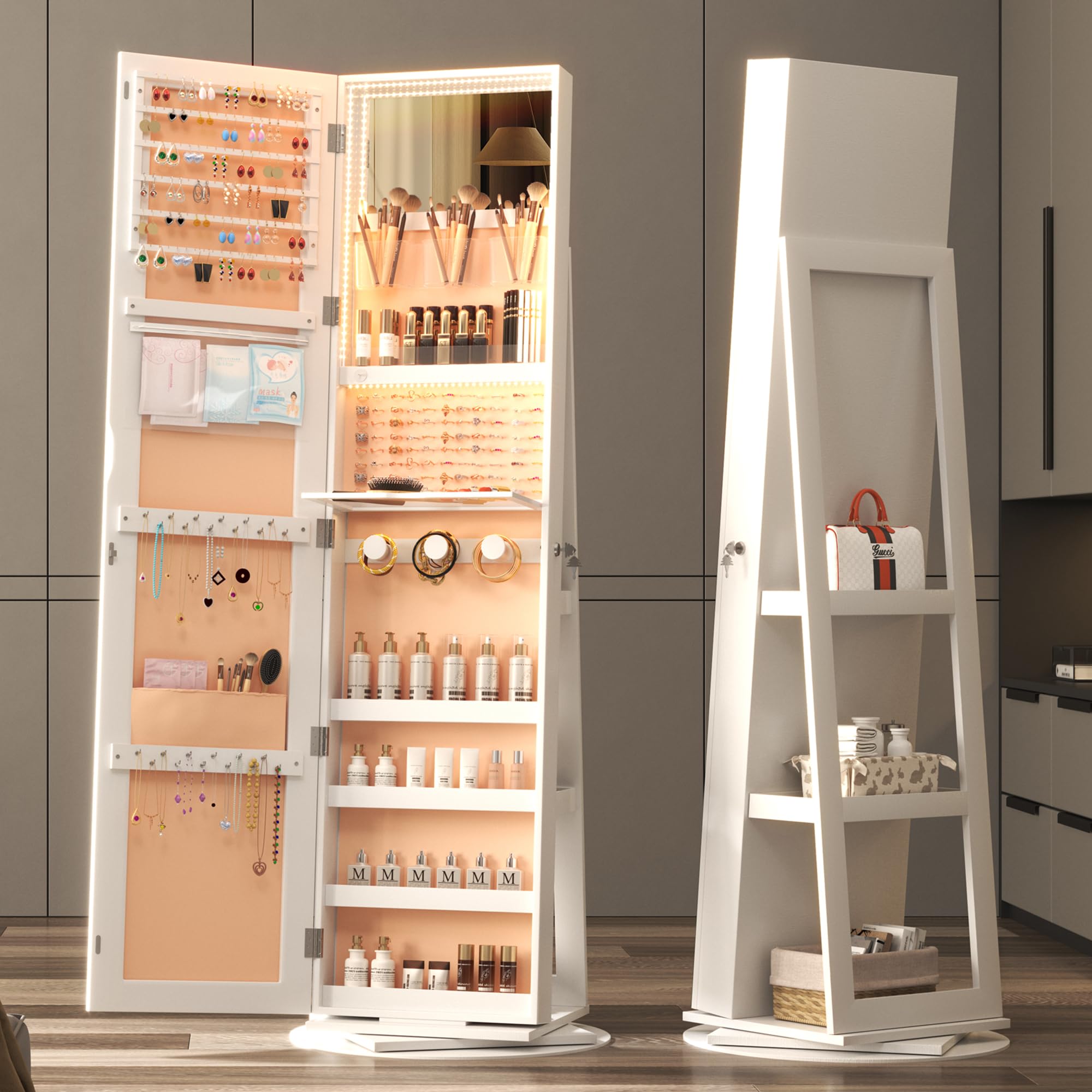 Vlsrka Vlsrka Espejo joyero de pie con iluminación, Giratorio 360° Armario joyero con espejo de cuerpo entero, LED Armario joyero con cerradura, Moderno Espejo armario madera, Blanco + Terciopelo Amarillo