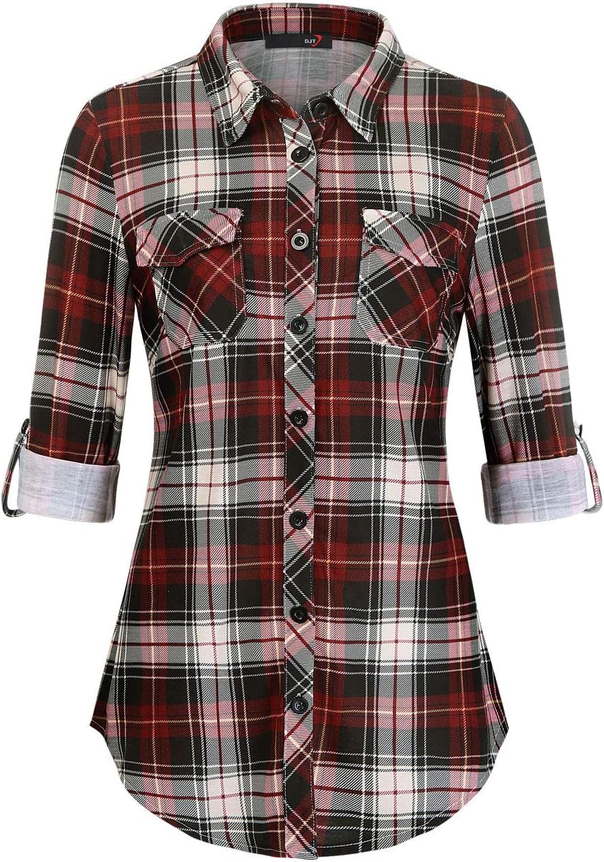 DJT Womens Plaid Knit Roll-Up Button-Down Shirt