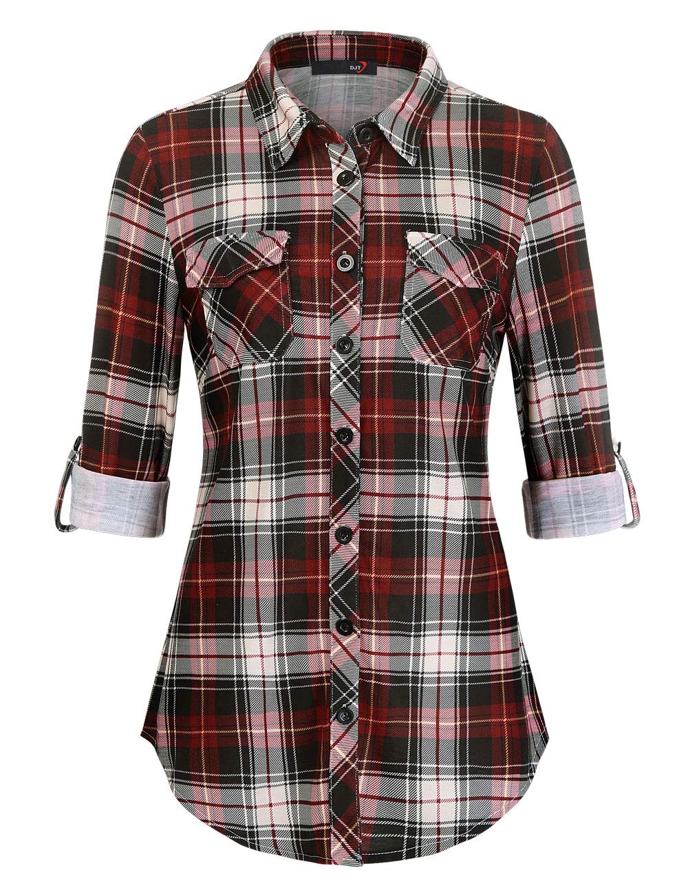 DJT Damen Weiches Gestrick Kariertes Blusen Langarm Oberteile Roll Up Ärmel Hemdbluse Button Down Tops