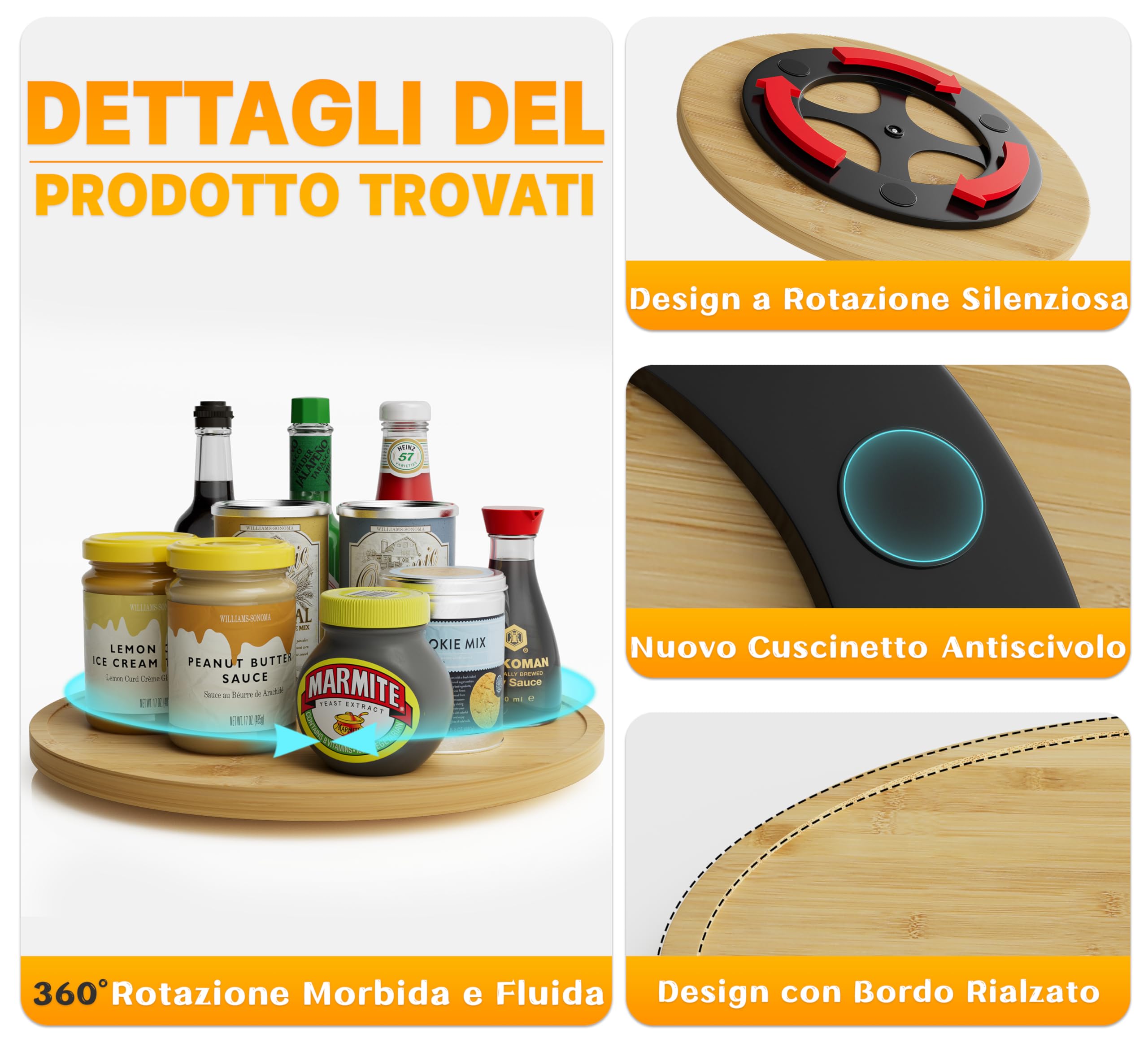 Homeryas Bambù Organizer Girevole, Portaspezie Girevole, Per Cucina Vassoi Girevoli Vassoio Girevole Portaoggetti Girevole Portaspezie Vassoio Portaoggetti Per Spezie, Frutta, Snack - 30cm - Bambù