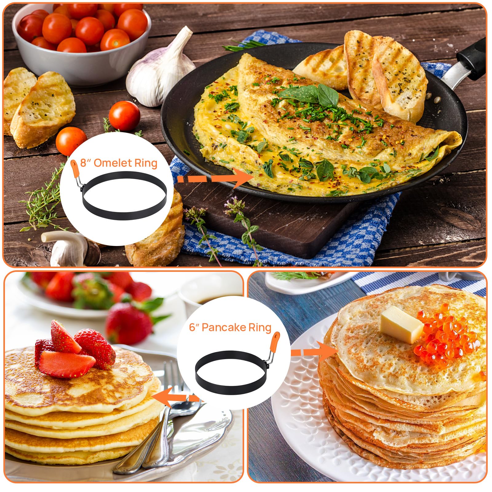 Anillos de huevo para freír huevos a la plancha mejorados, 4 paquetes, moldeadores de panqueques con mango de silicona naranja, moldes antiadherentes para cocinar sándwiches de tortilla de 4