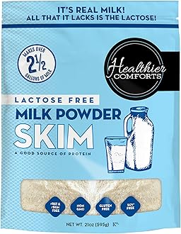 Healthier Comforts Lactose Free Skim Milk Powder | High Protein, Fat Free, Non-GMO, rBST Hormone Free, Kosher, Gluten Free, No Fillers | Baking, Coffee Creamer, Shakes| Makes 14 cups (21 oz)