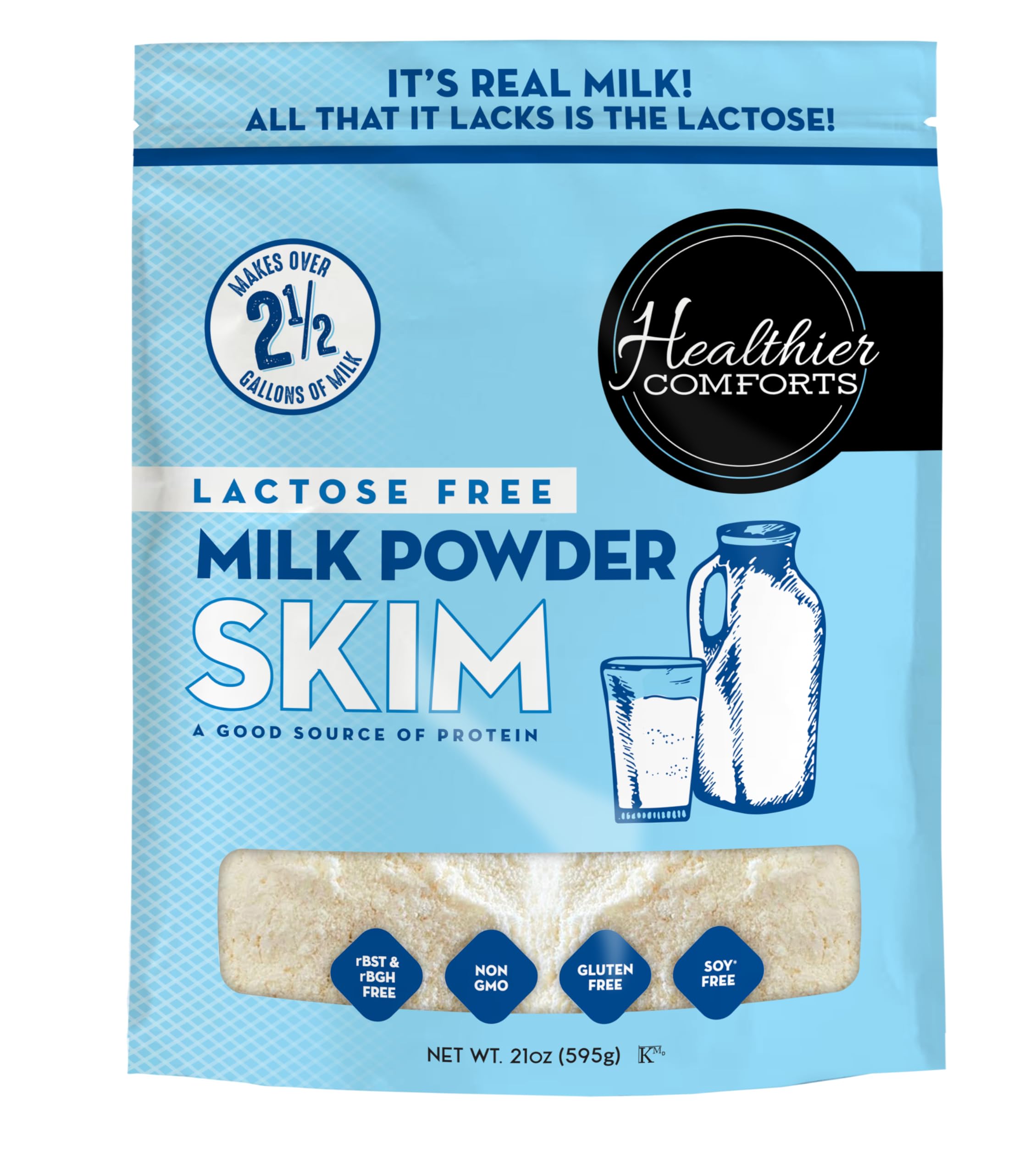 Healthier Comforts Lactose Free Skim Milk Powder | High Protein, Fat Free, Non-GMO, rBST Hormone Free, Kosher, Gluten Free, No Fillers | Baking, Coffee Creamer, Shakes| Makes 14 cups (21 oz)