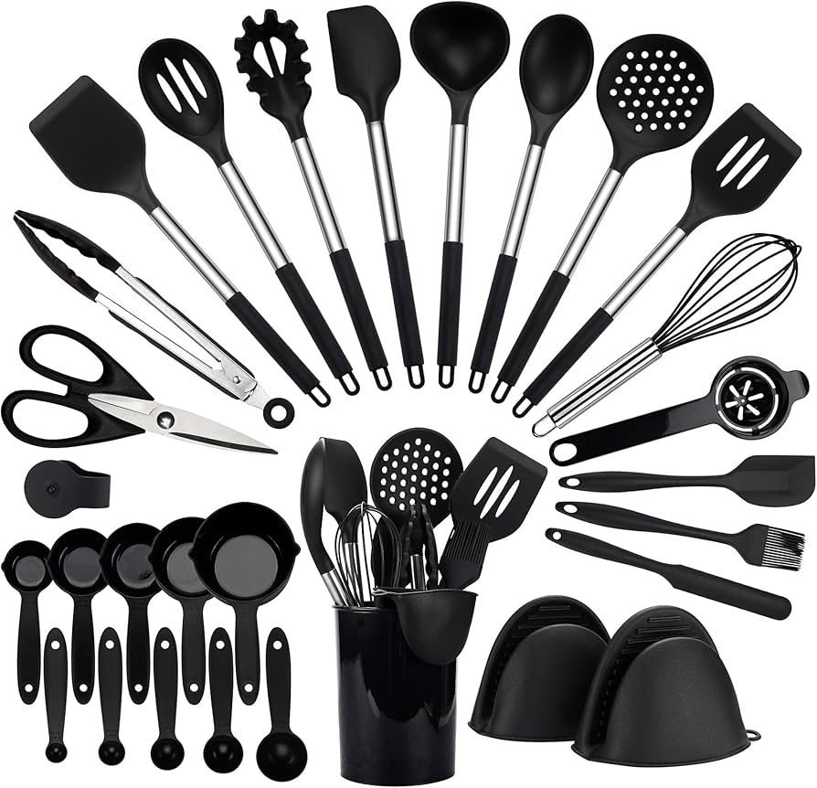 Kitchen Utensils Set, Silicone Cooking Utensils Set with Stainless Steel Handle, Kitchen Essentials with Silicone Whisk, Tongs, Ladle, Scissors, Measuring Cups and Spatulas, 28 Pcs (Black)