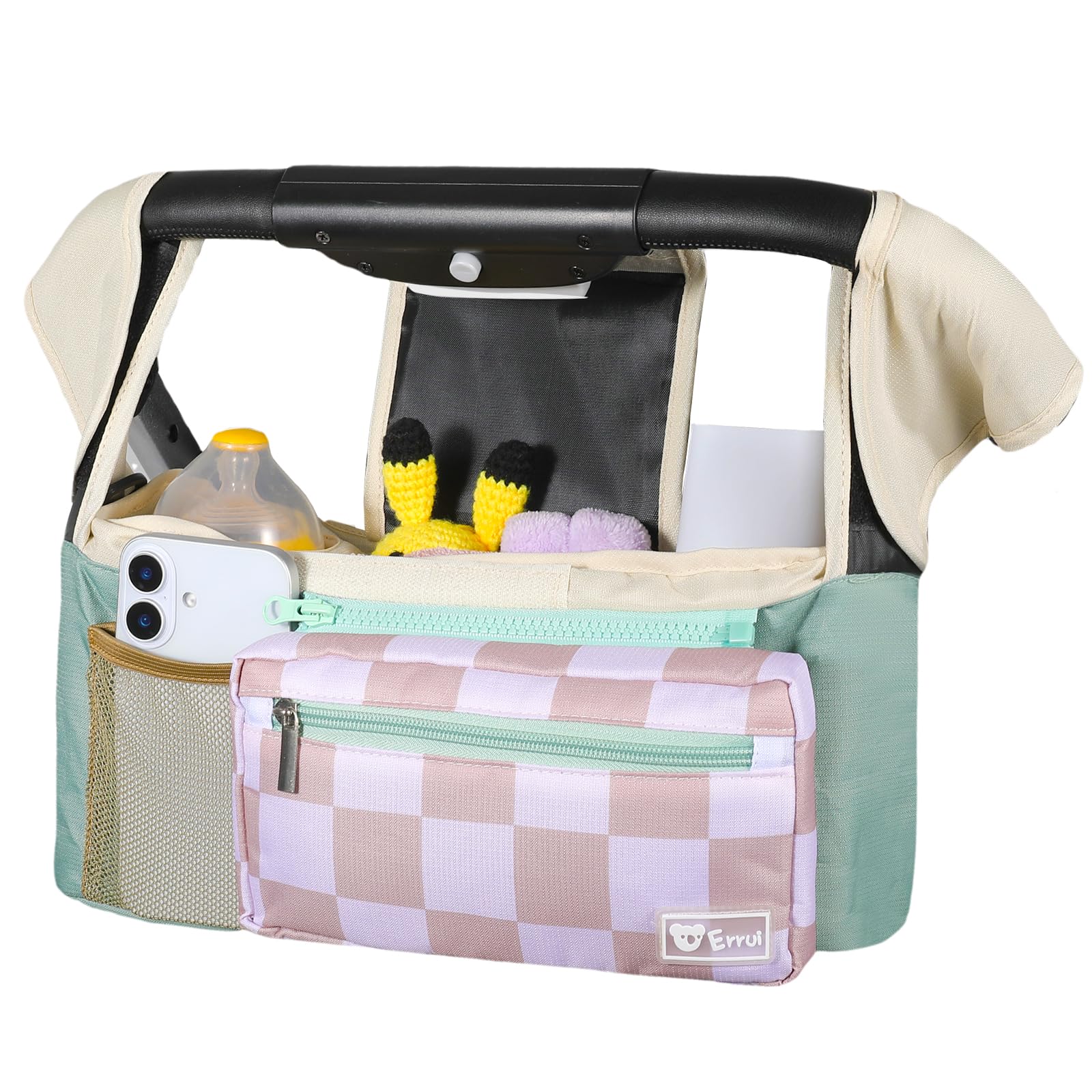 ERRUI Universal Stroller Organizer with Insulated Cup Holders and Detachable Phone Bag,Stroller Caddy Fits for Stroller Accessories like Uppababy, Baby Jogger, Doona, Nuna Stroller (Green Square grid) : Baby