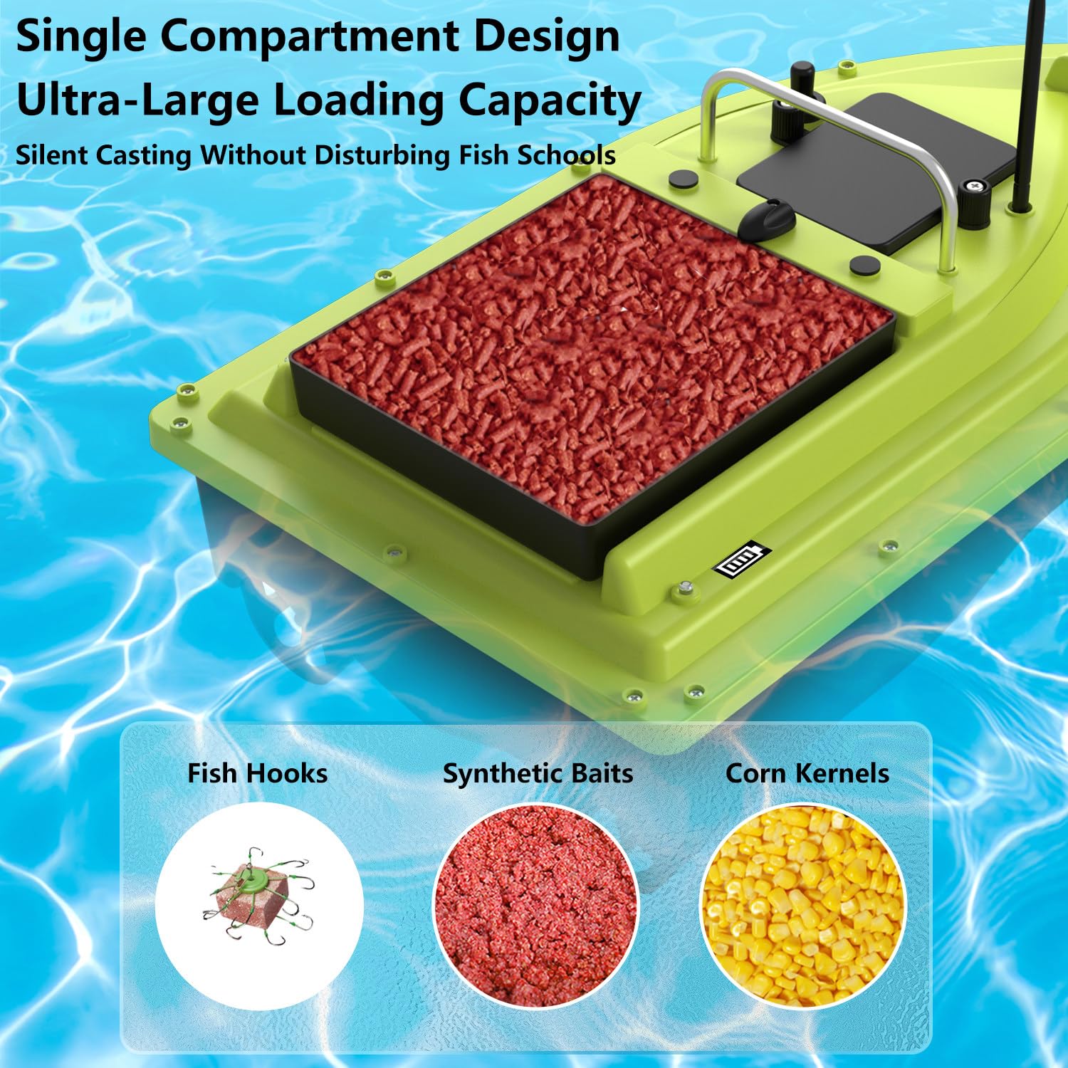 Barco de Pesca con Cebo Inteligente con posicionamiento GPS, Que Mide la Temperatura y la Profundidad del Agua, Retorno automático, Control Remoto de 500 m, Carga de 25 kg.