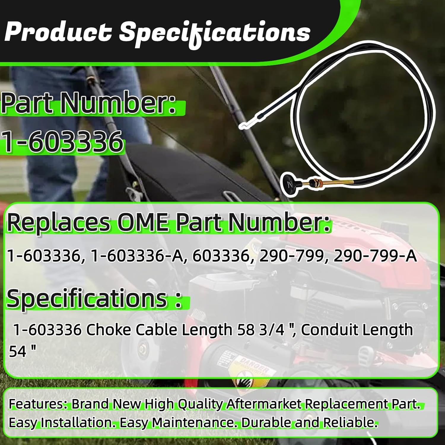 Choke Cable 1-603336 Replaces for Toro Zero Turn Parts - Fits Ex - Mark Z Master Lawn Mower Control Cables 1603336 290-799-A