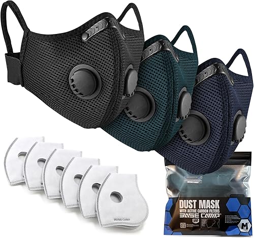 BASE CAMP Paquete familiar multicolor M Plus, máscara respiradora reutilizable transpirable con 6 filtros de carbón activado