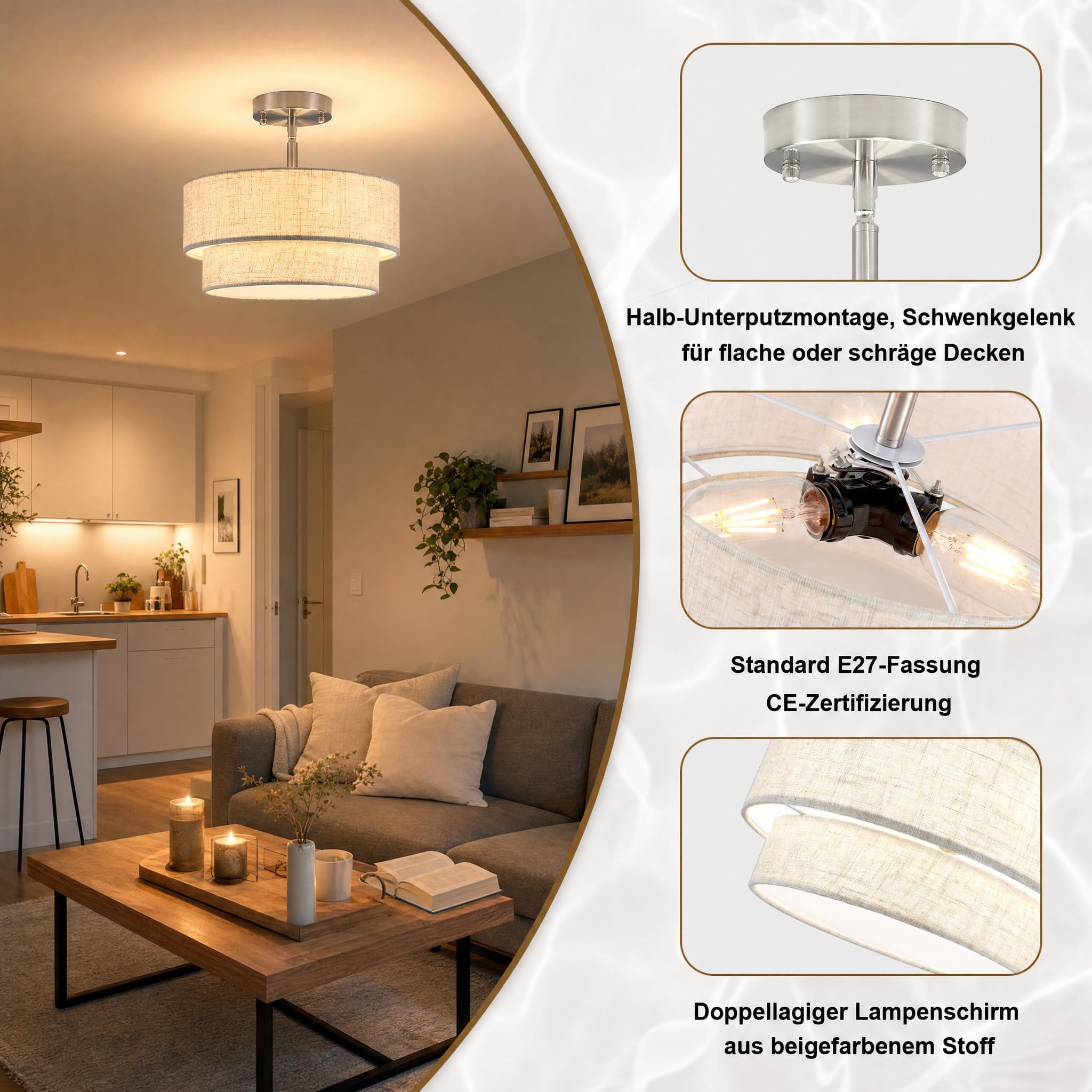 Deckenleuchte Silber 3-flammig, Moderne Stoff Deckenlampe E27 Wohnzimmer | Lampe für Schlafzimmer Kinderzimmer Esszimmer Flur, Runde Deckenlampe mit beige Leinenstoffschirm, Ø32 cm, weiches Licht