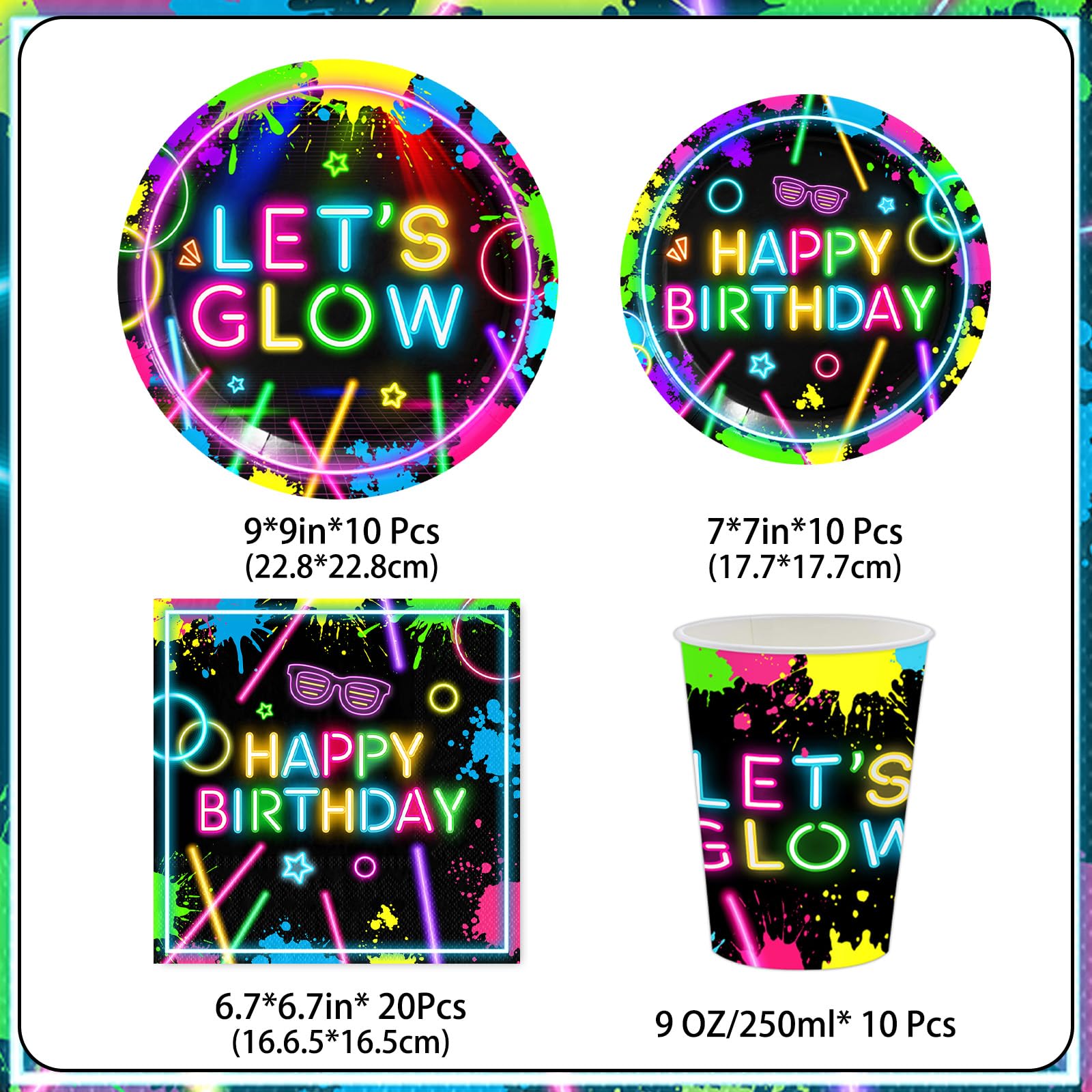51 Pezzi Decorazioni Festa Neon, Set Tavola Fluo, Piatti Carta Fluorescenti, Glow Bicchieri, Tovaglioli, Forniture Tavola Festa per Bambini e Ragazzi