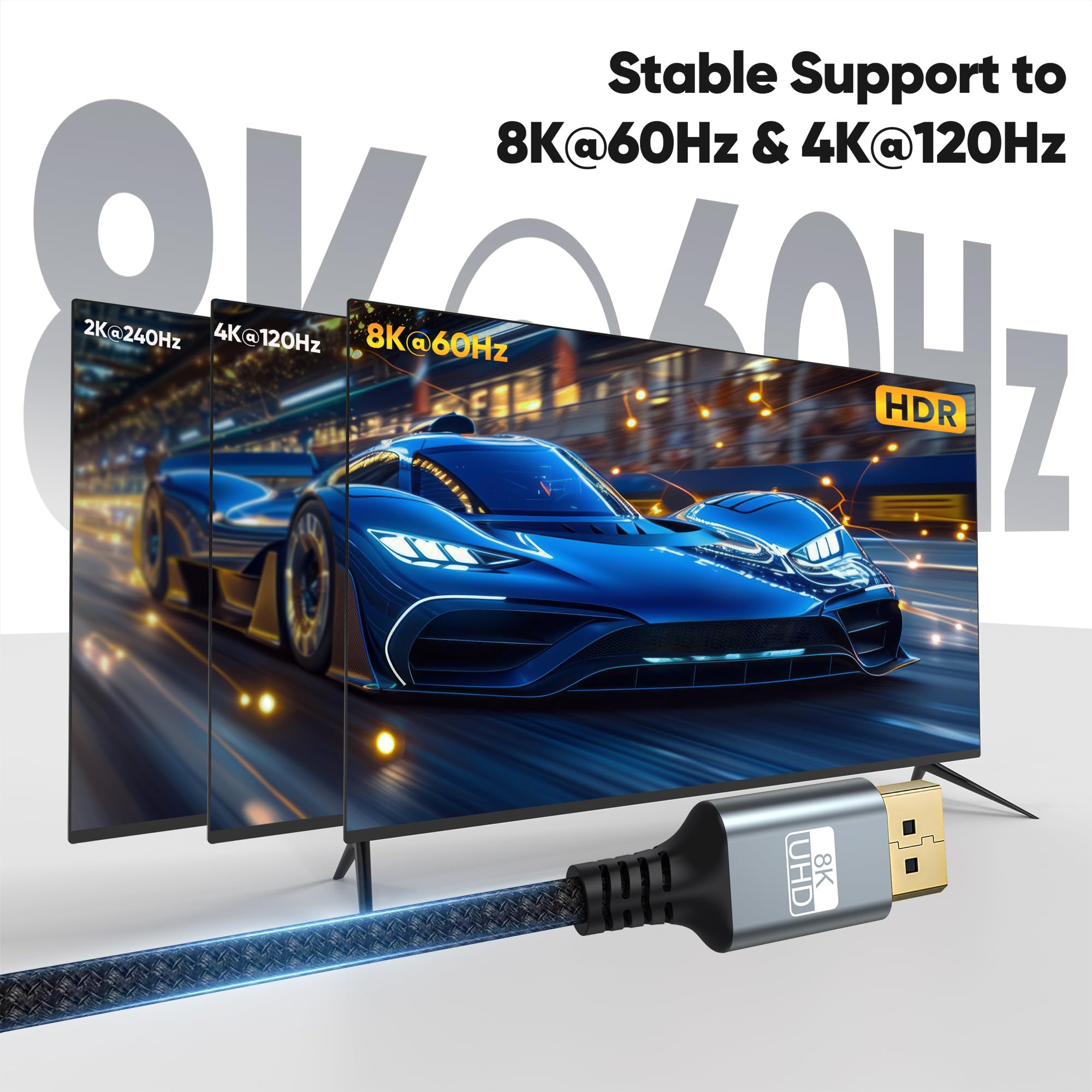 Lot de 10 câbles DisplayPort 1.4 de 3 m, câble DP 32,4 Gbit/s, 8K @ 60 Hz/4K @ 120 Hz/2K @ 240 Hz, HDR, DSC 1.2, FreeSync, G-Sync, FEC, compatible avec moniteur, ordinateur, ordinateur
