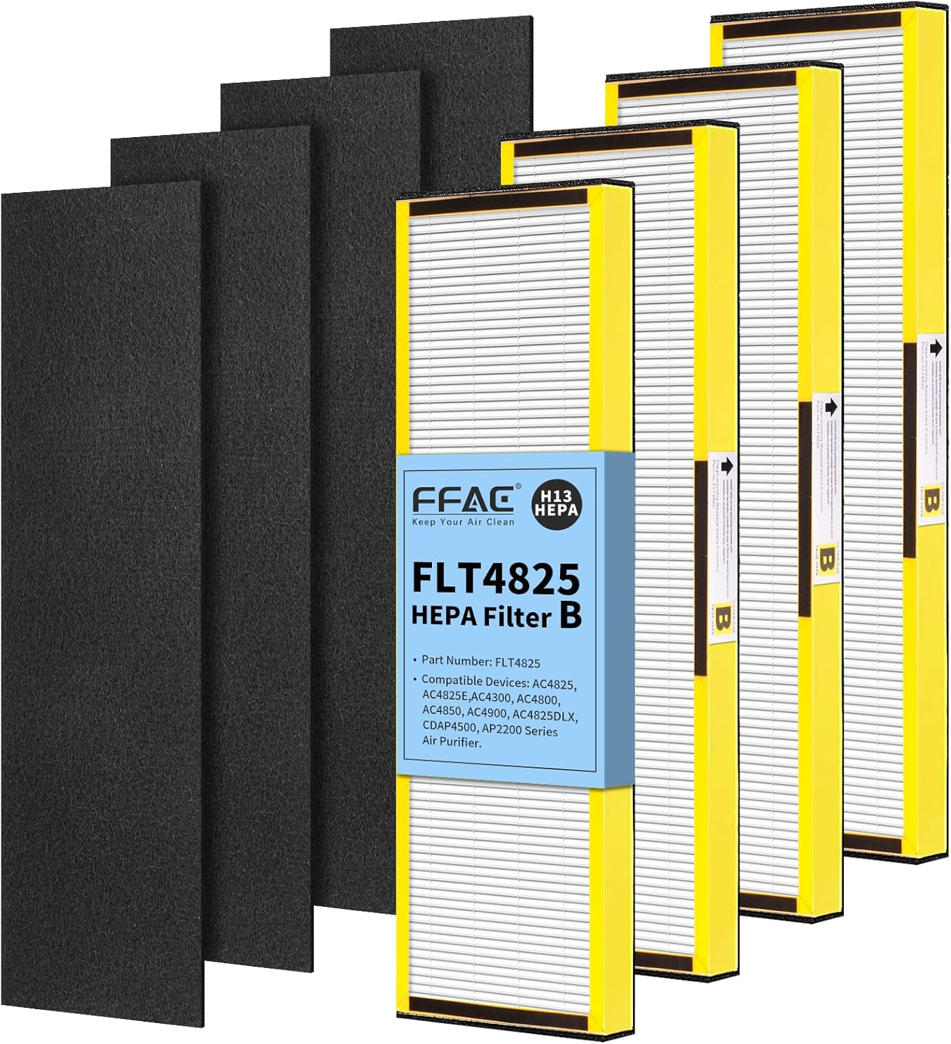 FLT4825 HEPA Filter B Replacement for AC4825 AC4825E AC4300 AC4800 AC4850 AC4900 Air Purifier, 4 Pack True HEPA + 4 Pre-filters Compatible with Guardian Air Purifiers