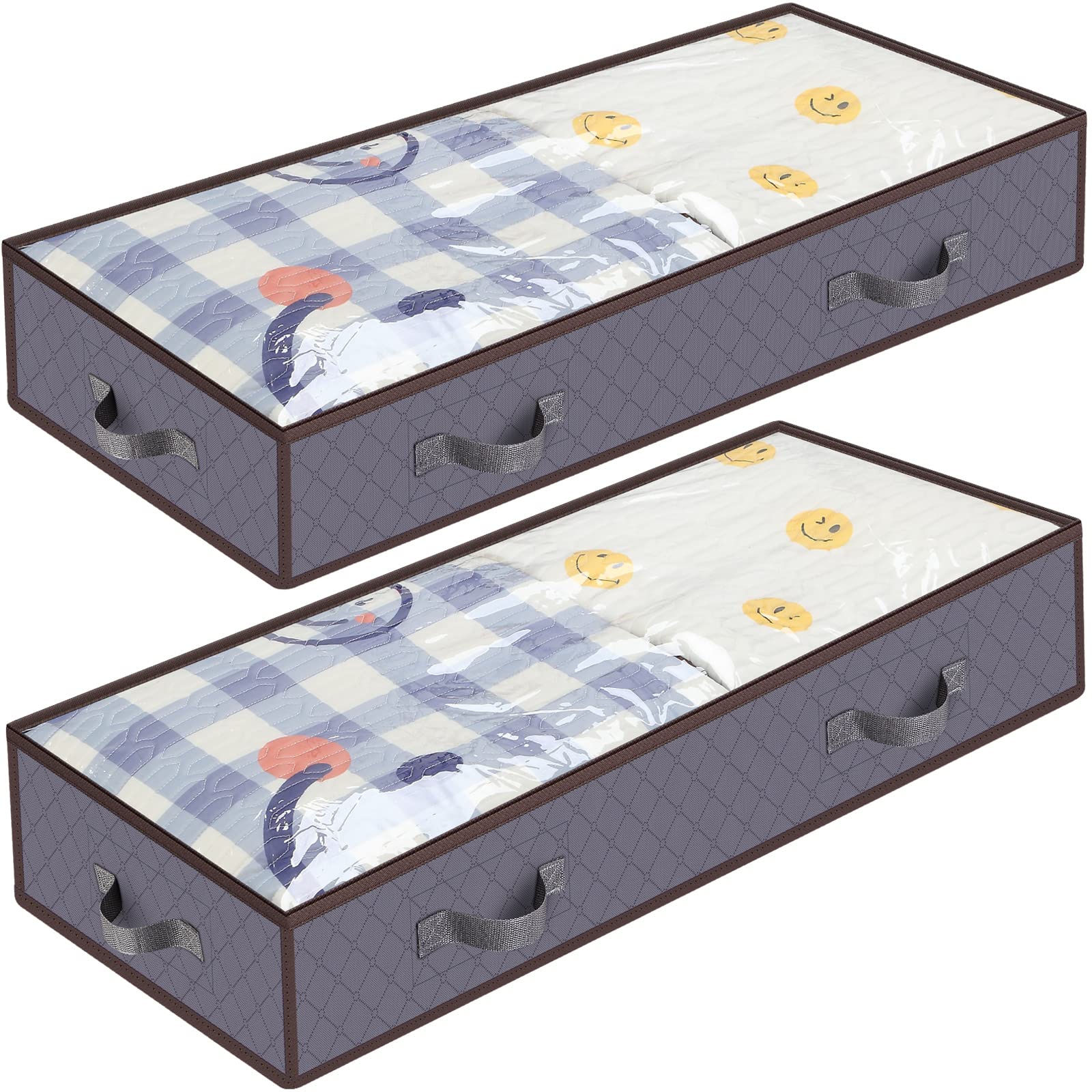 Under Bed Storage Containers with Stainless Steel Zipper, Extra Large, Thick Fabric,Under-bed Storage Bags Organizer with Clear Windows & Reinforced Handles for Comforters, 2 Pack, Gray