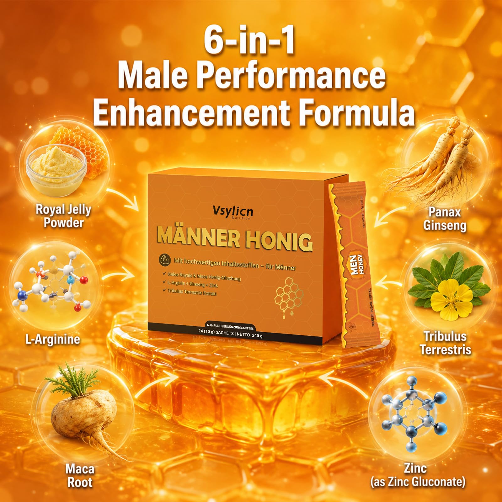 Männer Honig Sachets |Premium Kräuterhonig für aktive Männer | Natürlicher Honig mit Maca,Gelee Royale, Ginseng,L-Arginin & Zink - 24 x 10g Einzelpackungen - 240g
