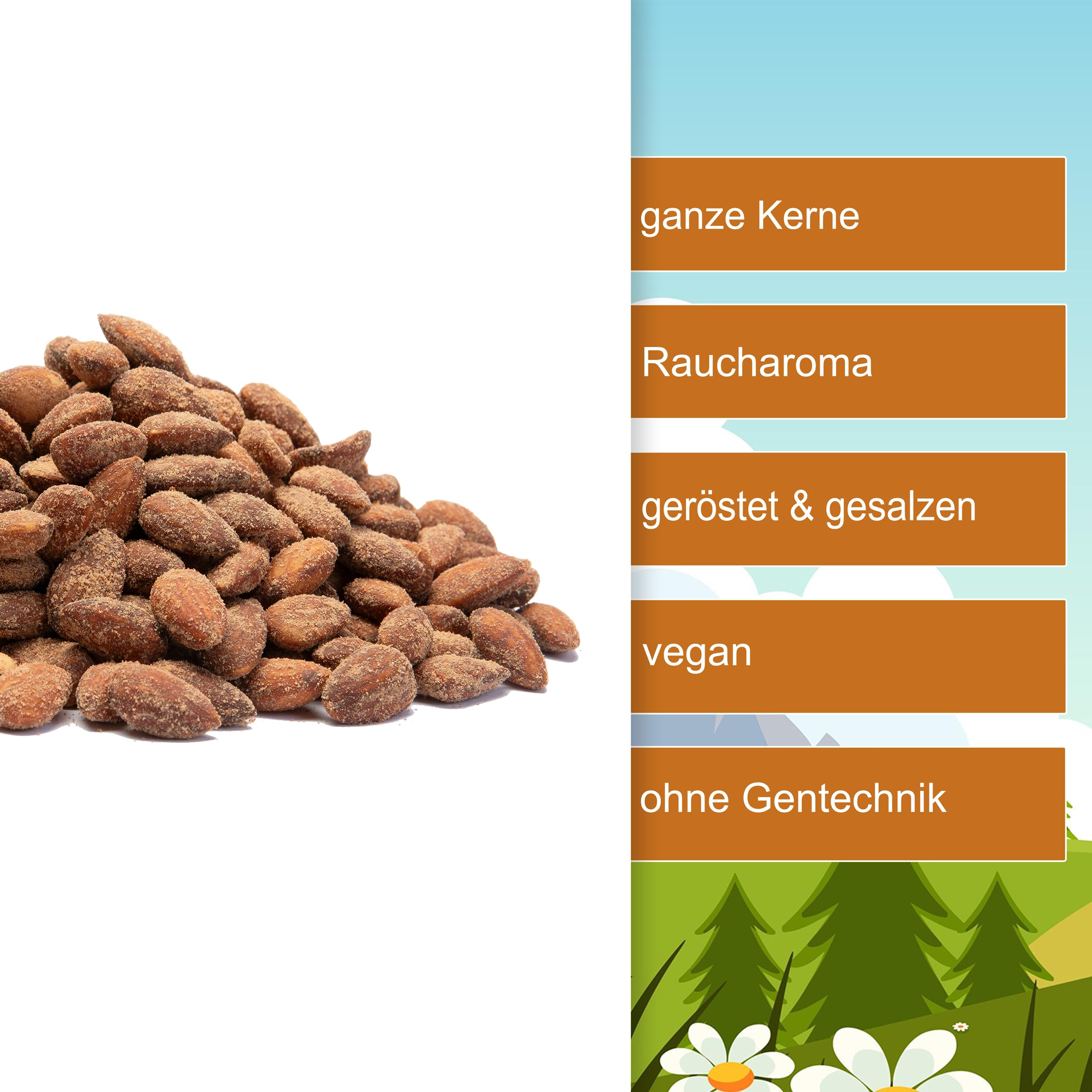 Rauchmandeln 1kg-3,5kg - geröstet & gesalzen - ganze Mandelkerne mit Haut - intensives Raucharoma - Jahrmarktflair - im Alltag auf die Hand oder für unterwegs - (1,5kg im Eimer)