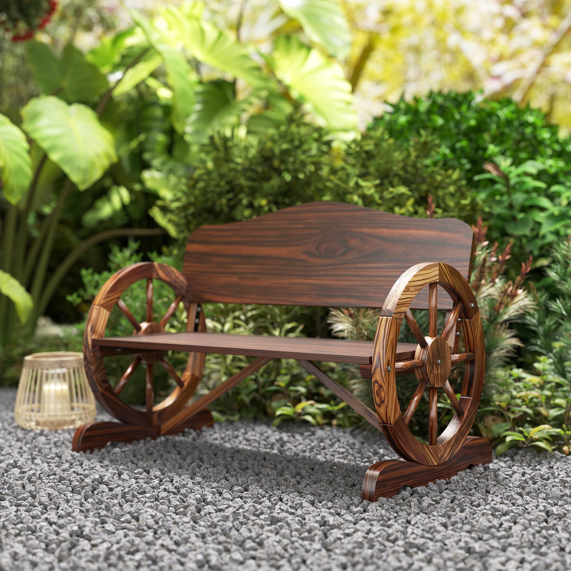 Outsunny Gartenbank Holz, 2-Sitzer Sitzbank mit Rücken- und Armlehnen, Holzbank im Rädernform, wetterfest Parkbank 240kg belastbar, Balkonbank für Balkon Terrasse, Garten, 110 x 55 x 80 cm, Verkohlt