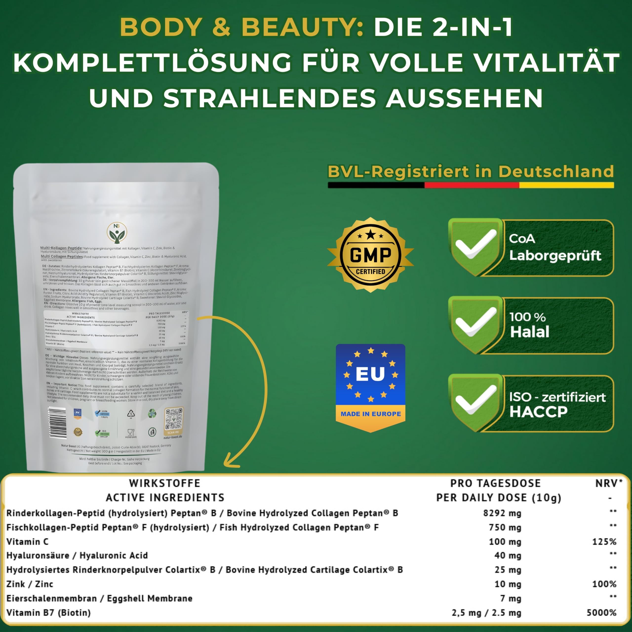 Multi Kollagen Pulver Waldbeere 300g mit Vitamin C, Hyaluron, Biotin & Zink