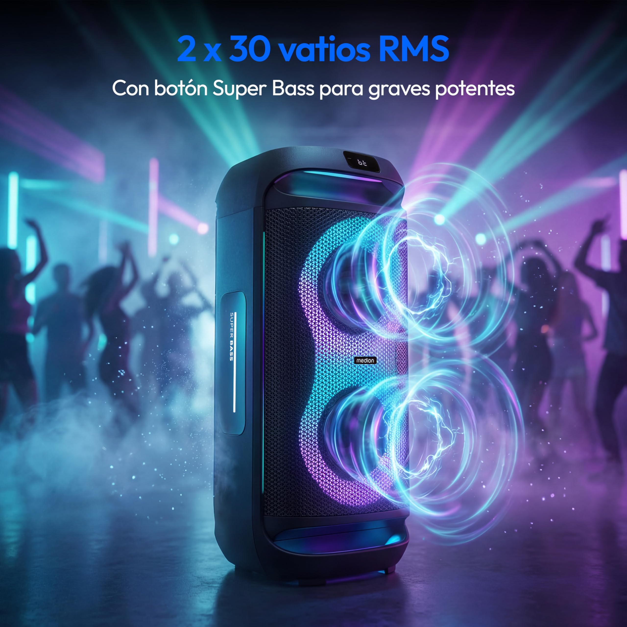 MEDION PE-2 Plus Partybox batería con micrófono - Altavoz Grande | Equipo de fiesta con karaoke, luces, entradas micro y guitarra, Bluetooth portátil, AUX, USB